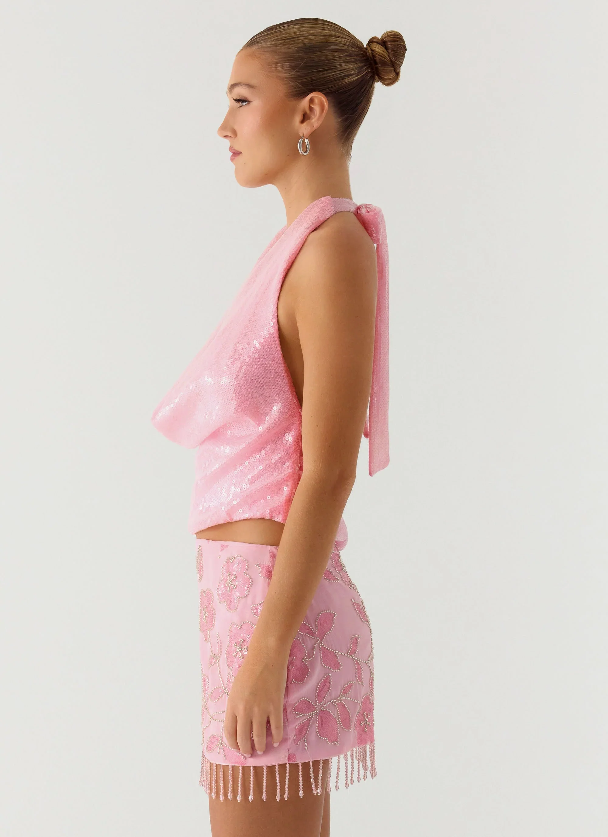 Hollie Sequin Cowl Top - Pink