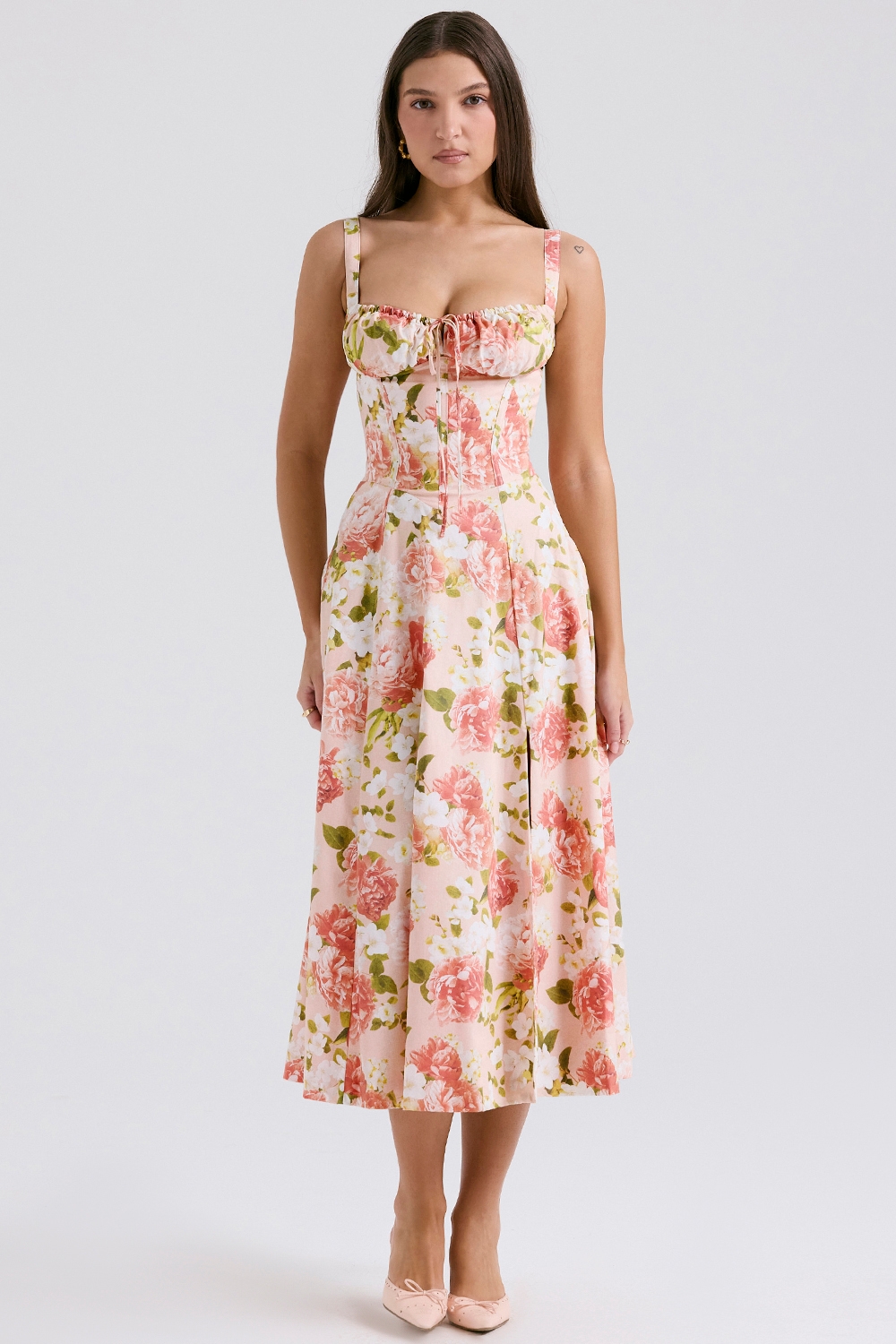 Pink Peony Print Cotton Bustier Sundress