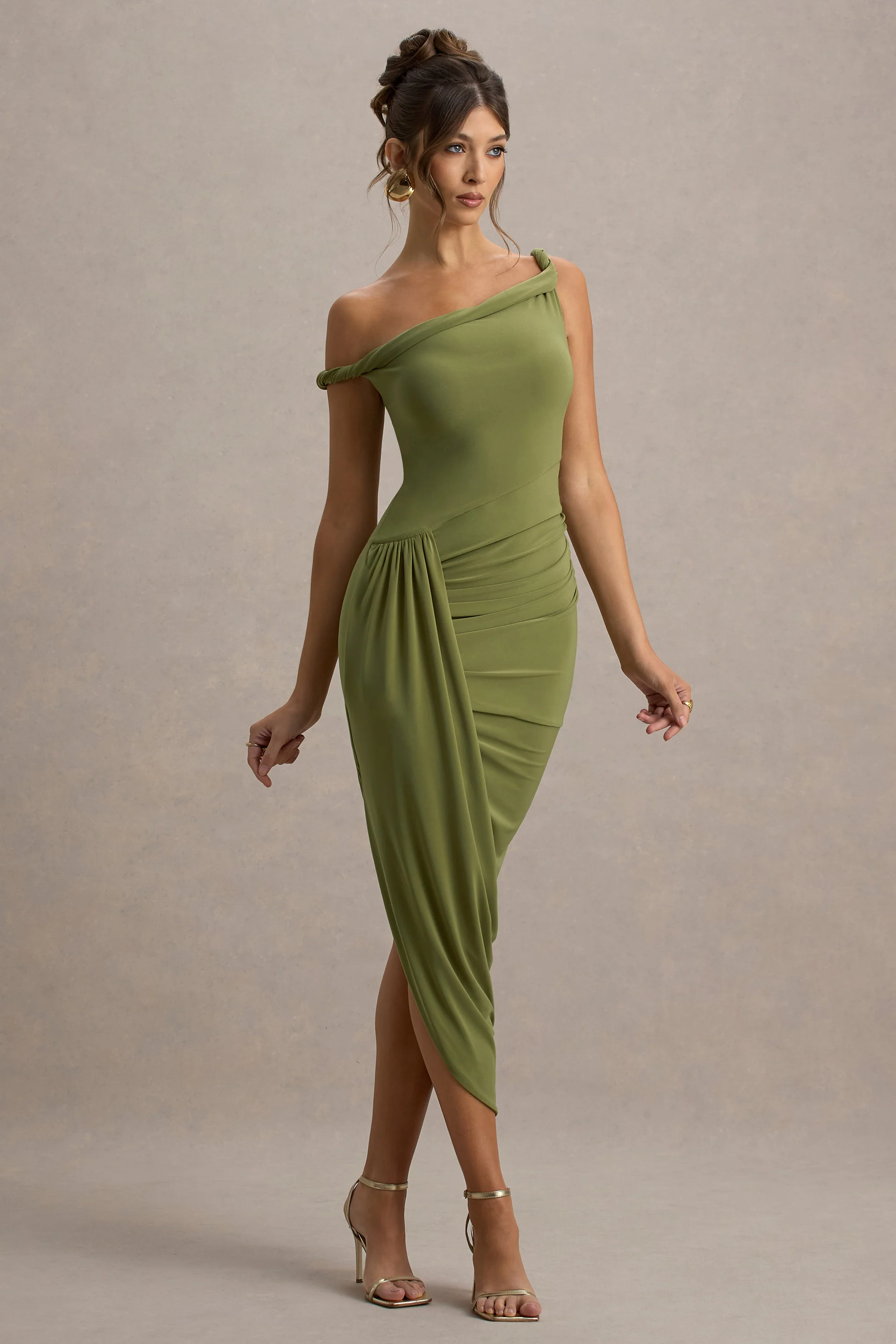 Angelique | Olive Green Twisted Asymmetric Maxi Dress