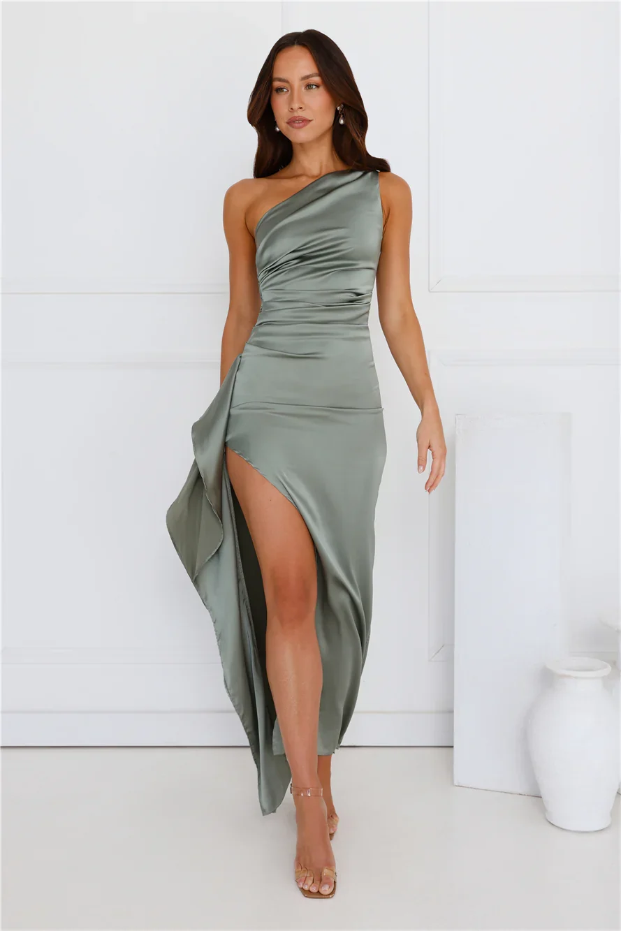 Extra Special One Shoulder Satin Maxi Dress Sage