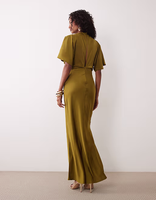 satin high neck blouson maxi dress with flutter sleeve in dark khaki