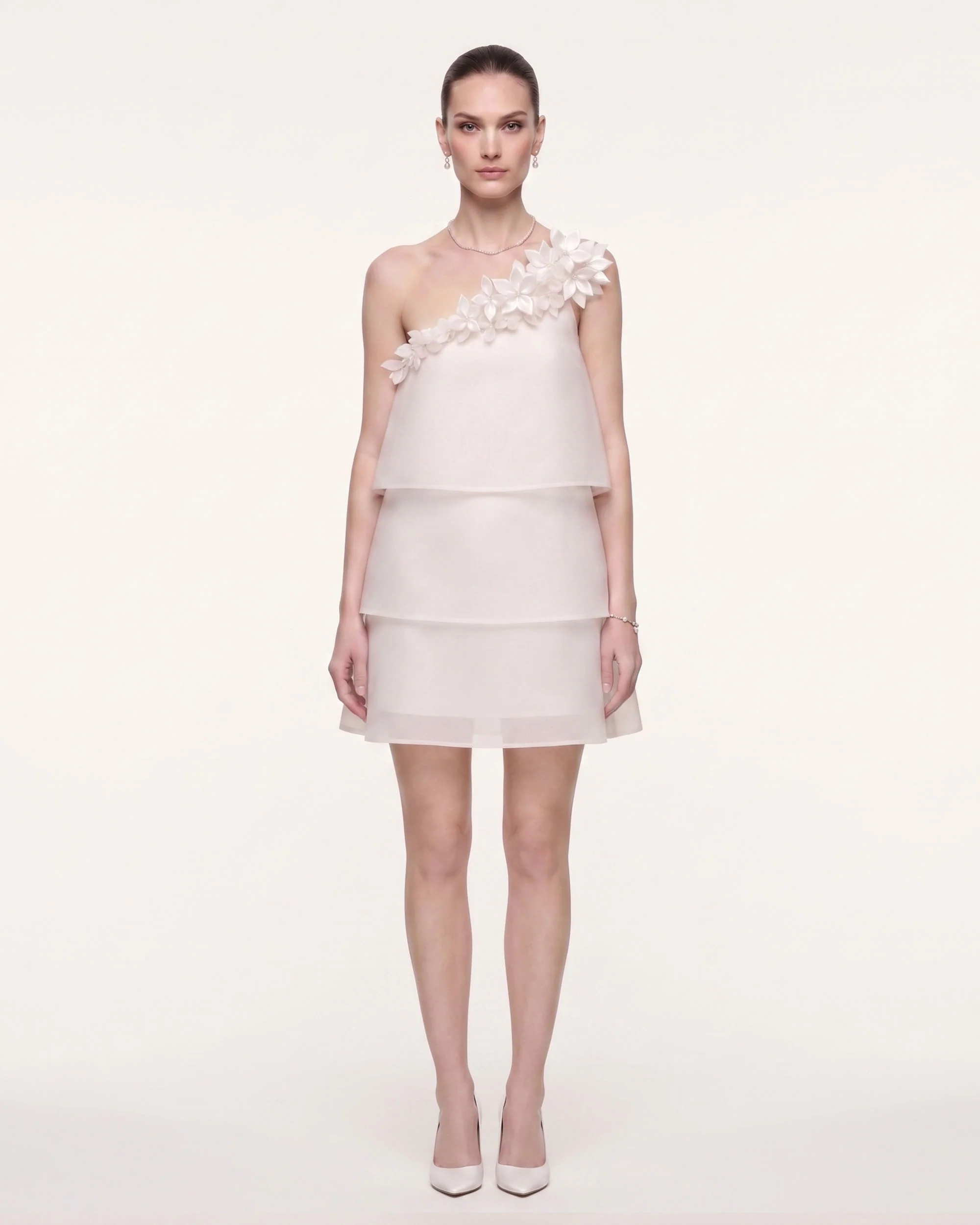 3D Floral Appliqué One-Shoulder Tiered Mini Dress - Ivory