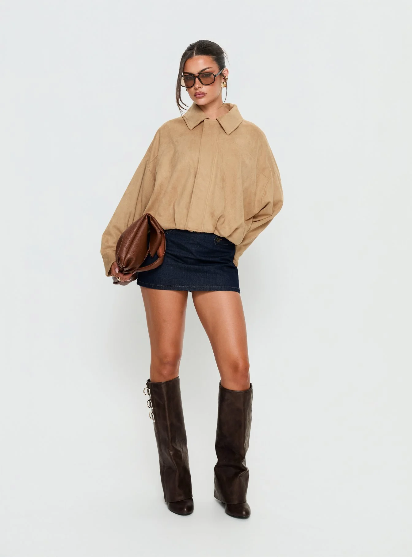 Enlightened Faux Suede Bomber Jacket Beige