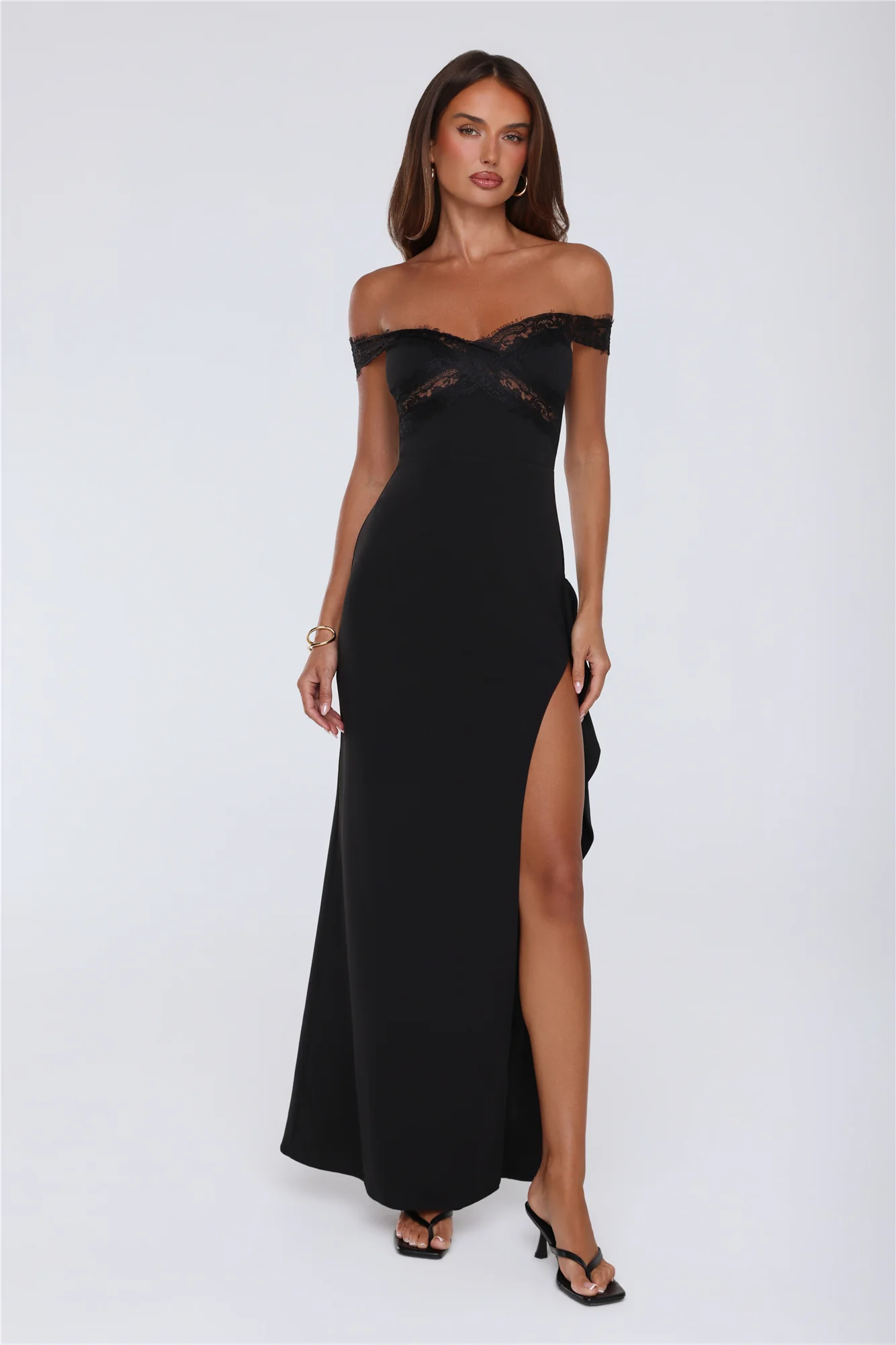 Ethereal Lace Off Shoulder Maxi Dress Black