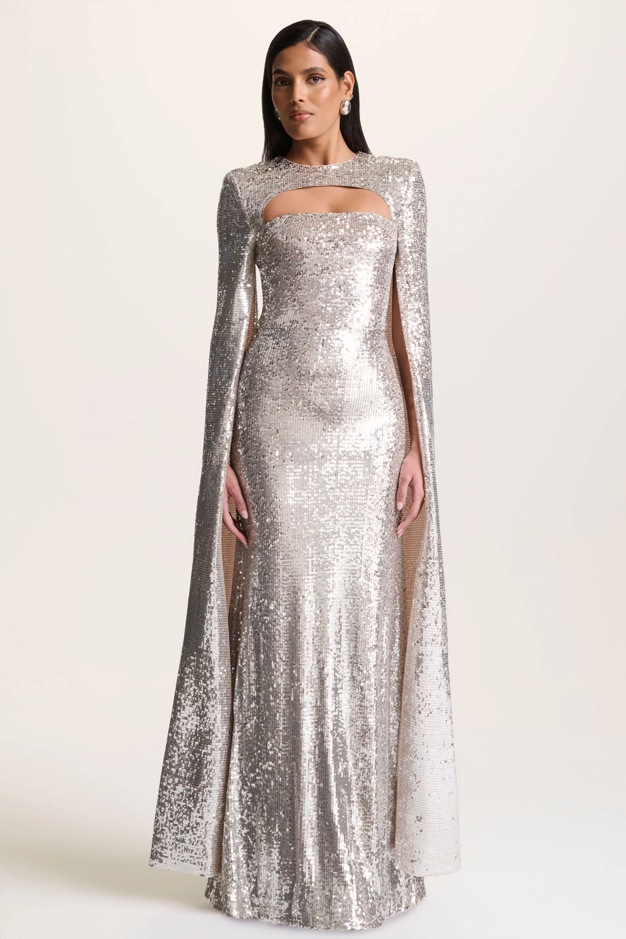 Devora | Silver Sequin Crew-Neck Maxi Dress With Cape Sleeves