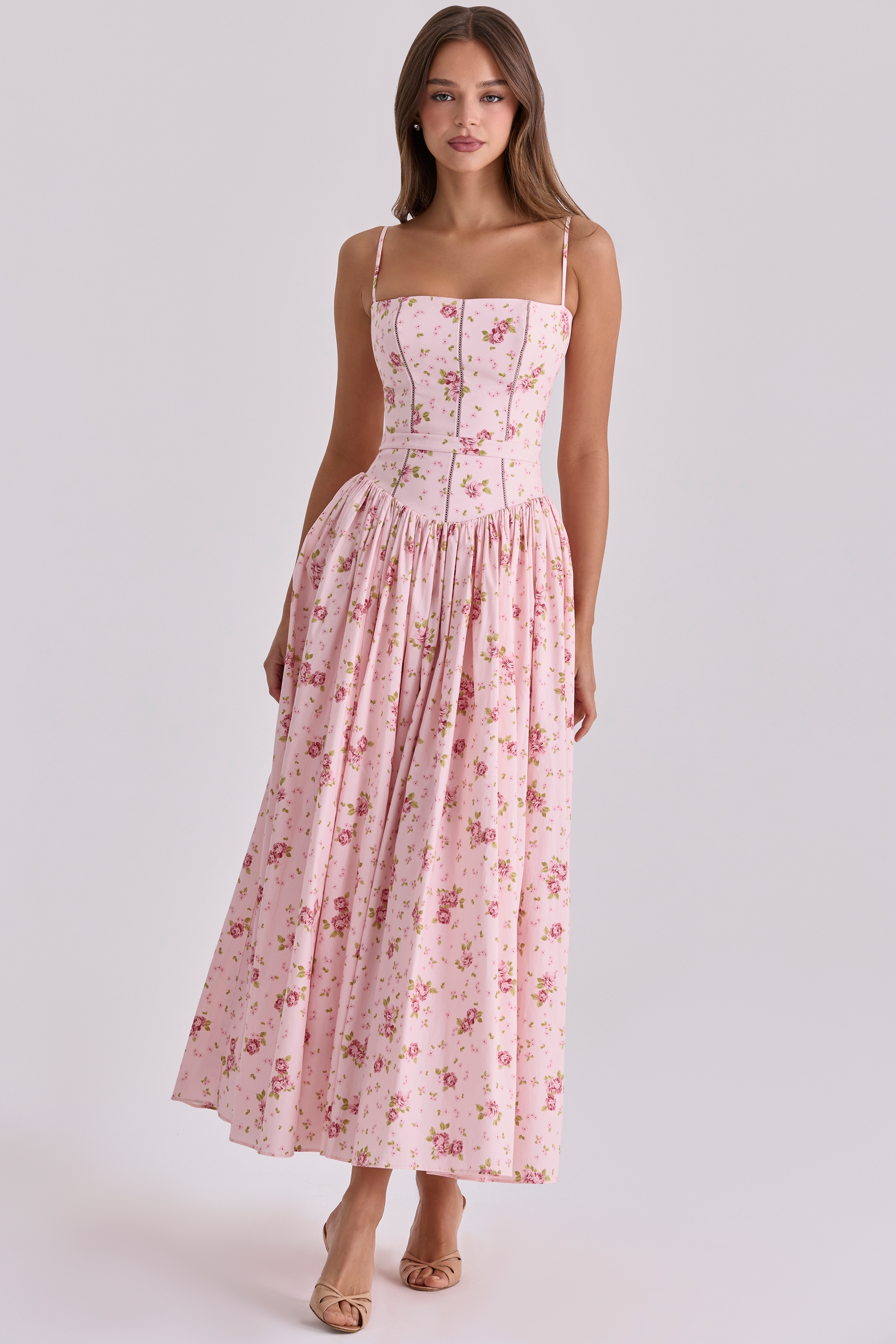 Pink Vintage Rose Print Cotton Midi Sundress