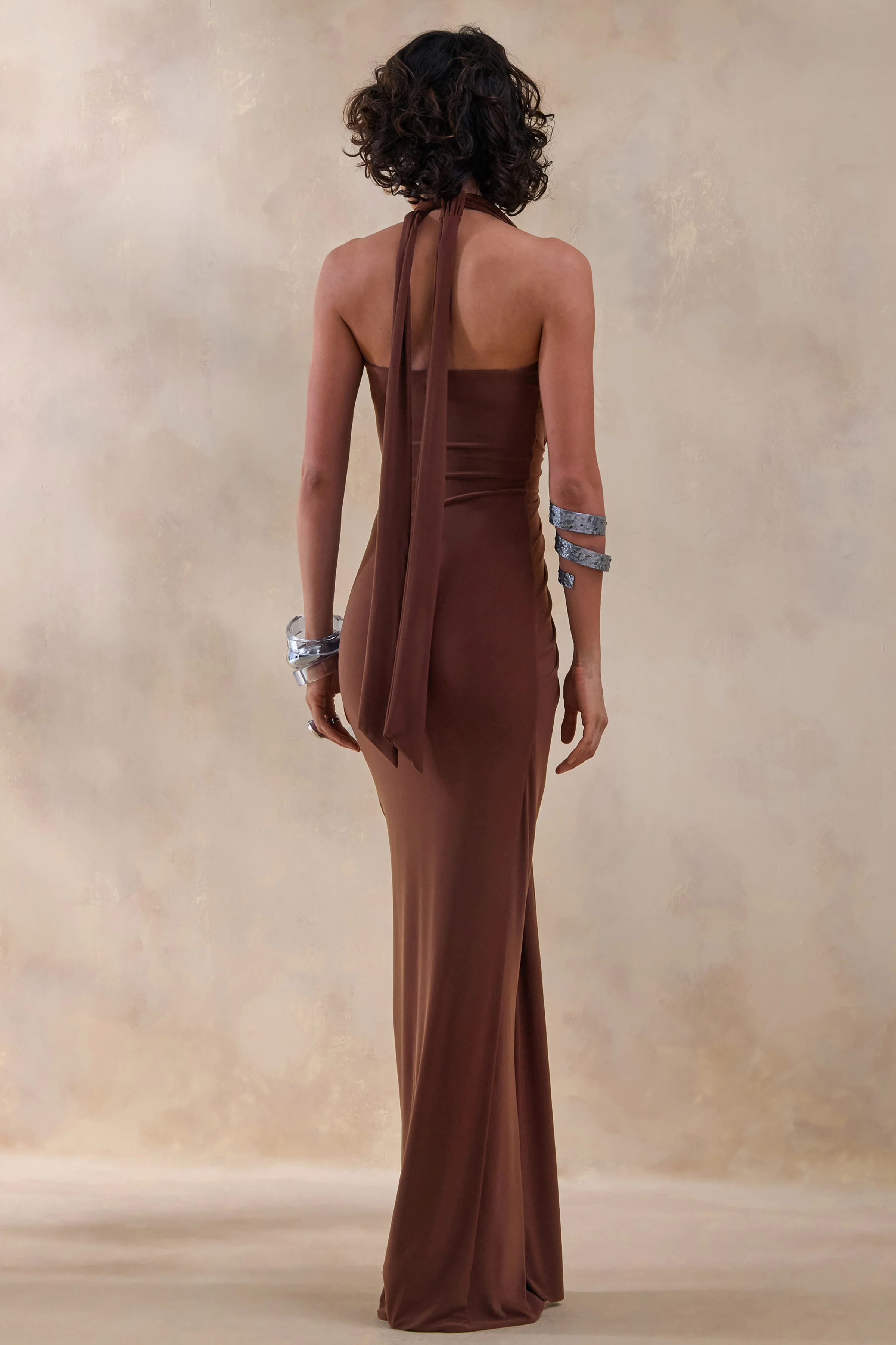 Lesley | Brown Plunge-Neck Maxi Dress