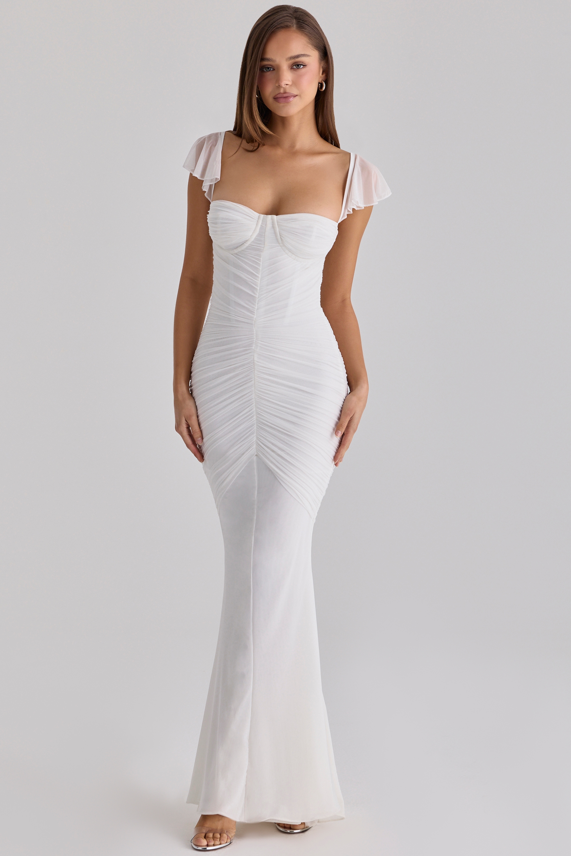 White Gathered Mesh Maxi Dress