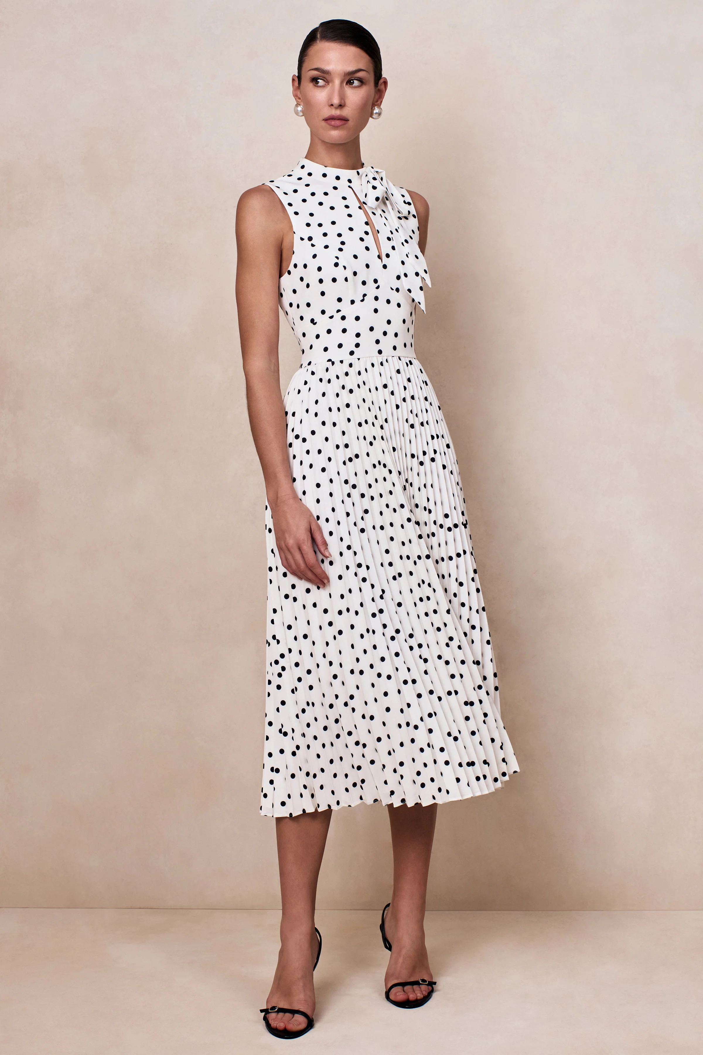 Avalon | White Polka Dot Scarf-Neck Midi Dress With Pleated Skirt