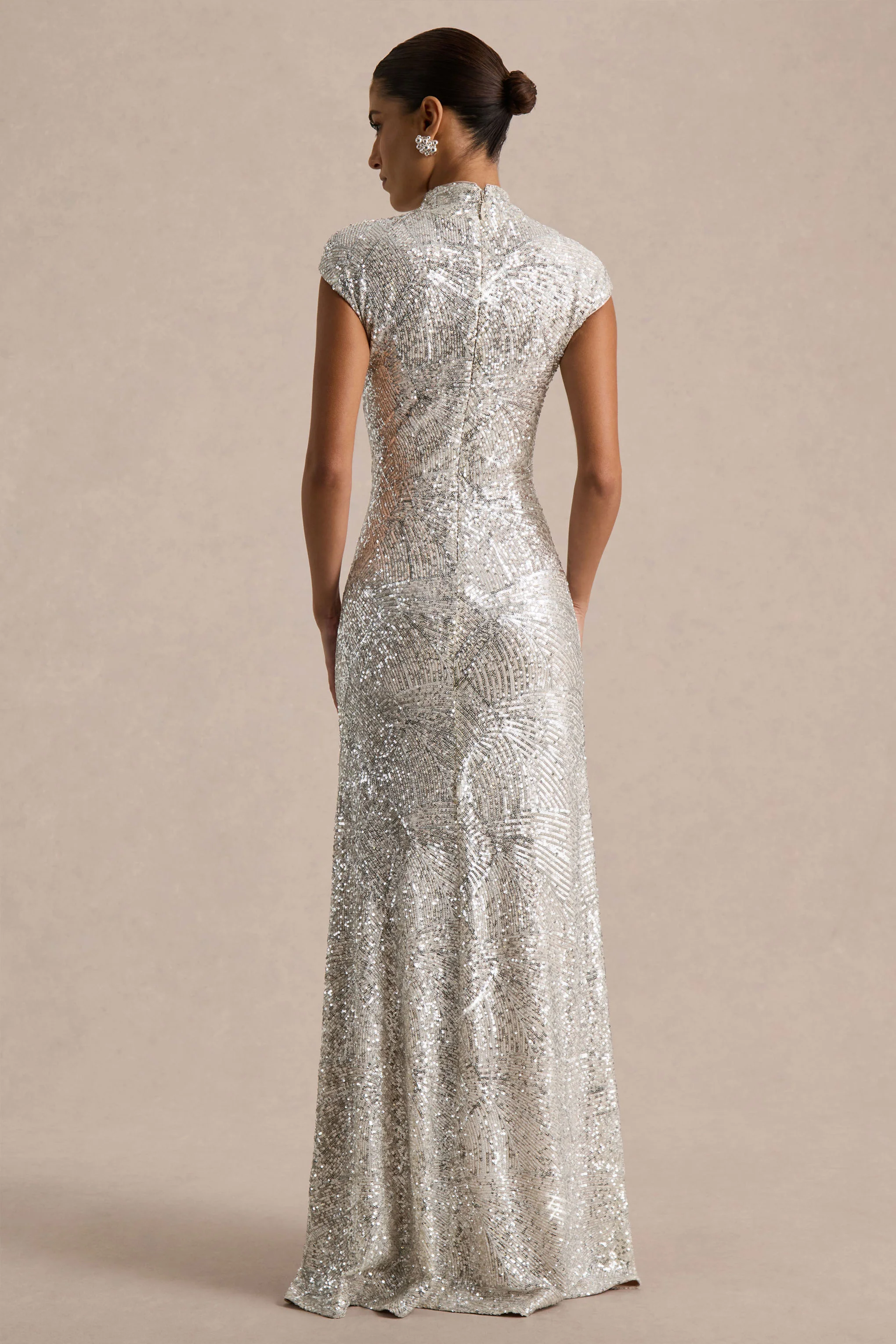 Cecy | Silver Sequin High-Neck Maxi Dress With Cap Sleeves