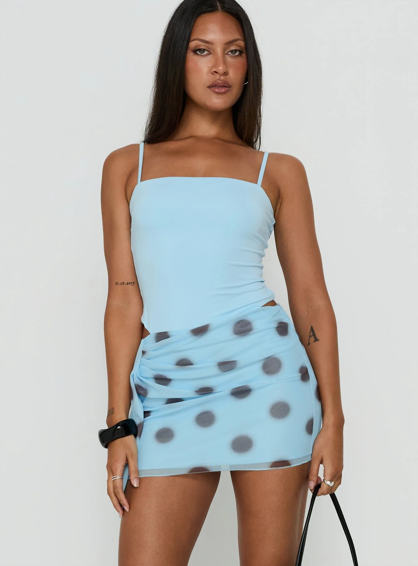 Cosmina Sarong Mini Dress Blurred Blue Polka Dot