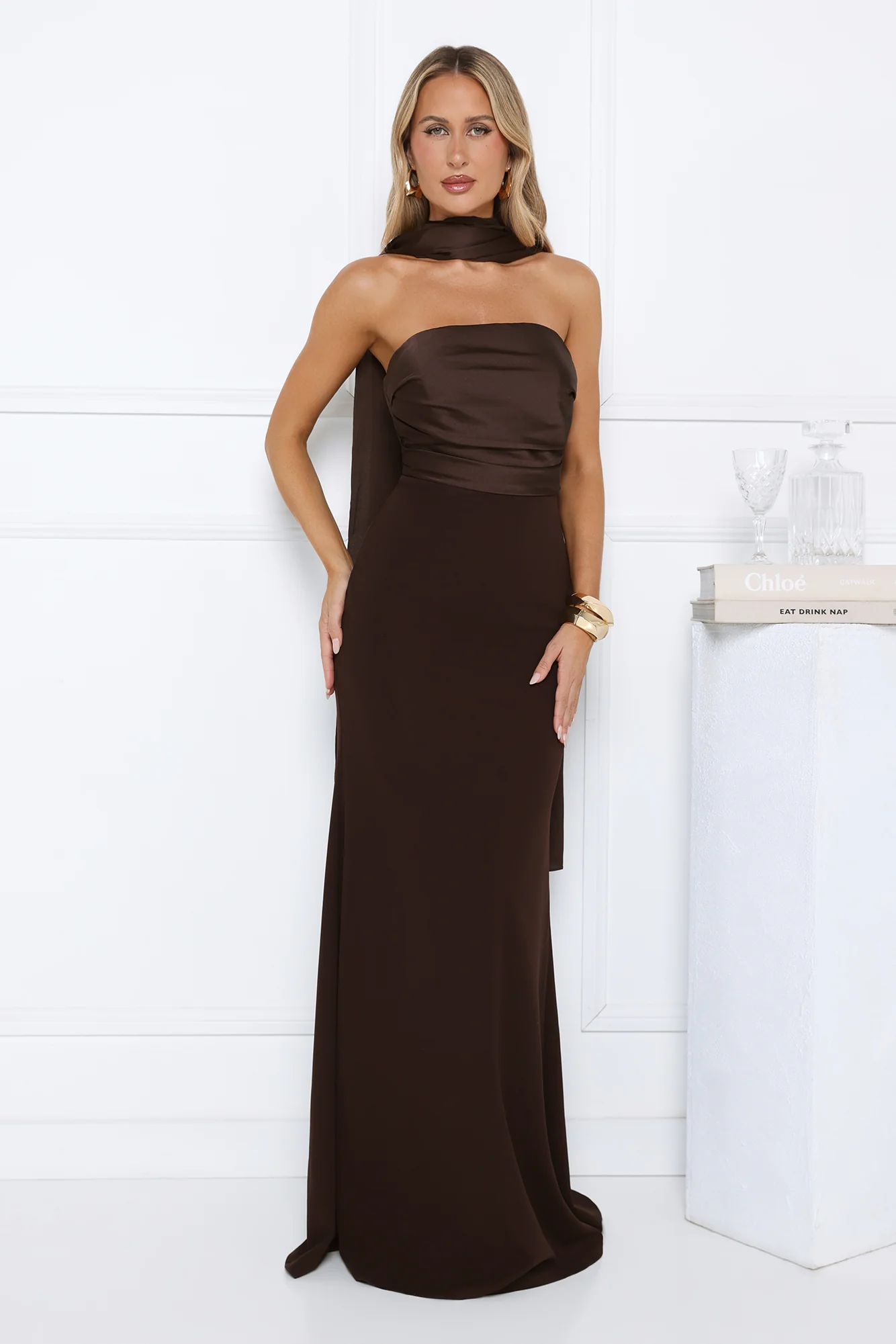 Luxe Nights Strapless Maxi Dress Chocolate