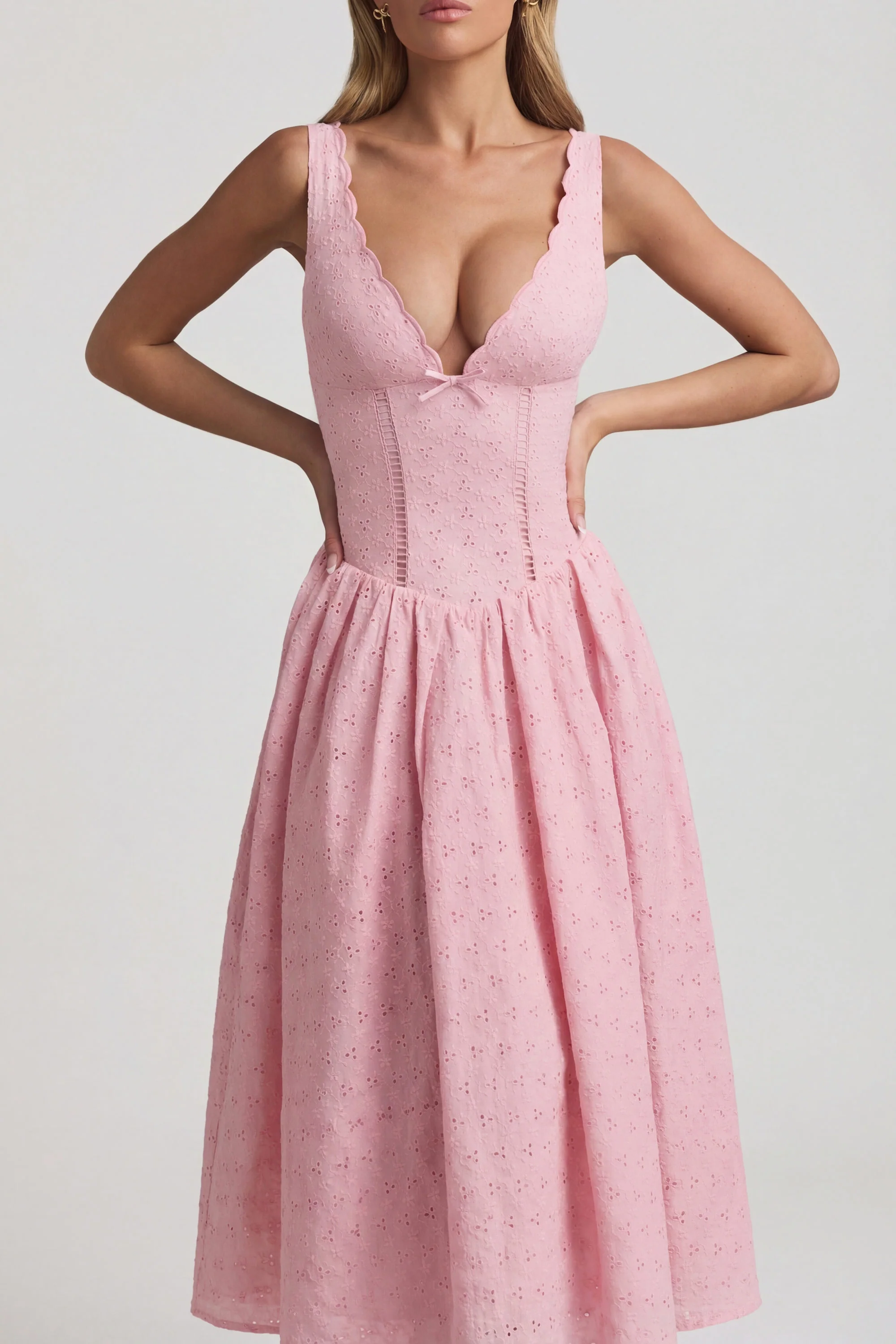 Broderie Anglaise Bow-Detail A-Line Midaxi Dress in Soft Pink