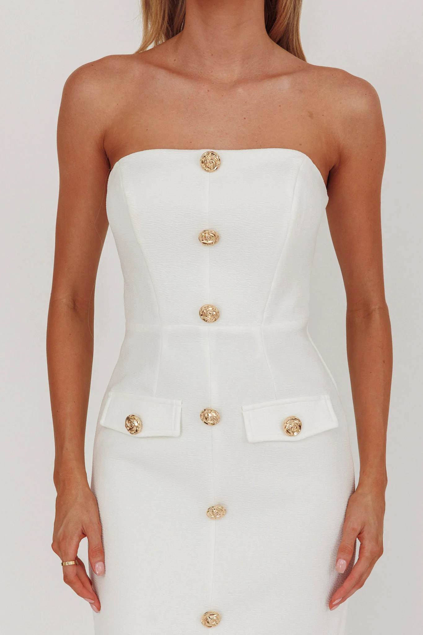 She Is Button Front Strapless Maxi Dress White