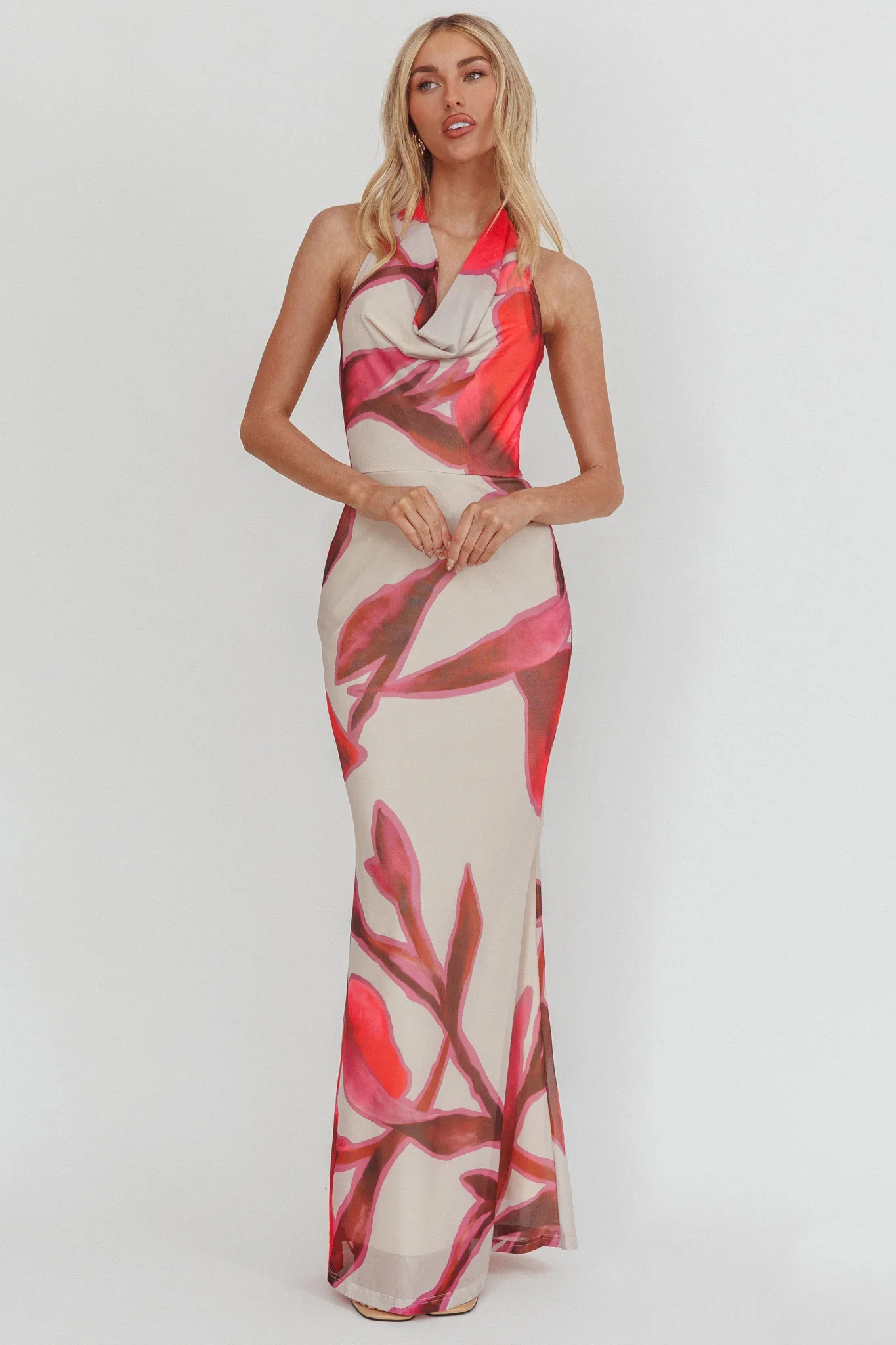 Outlier Cowl Halterneck Maxi Dress Print Beige