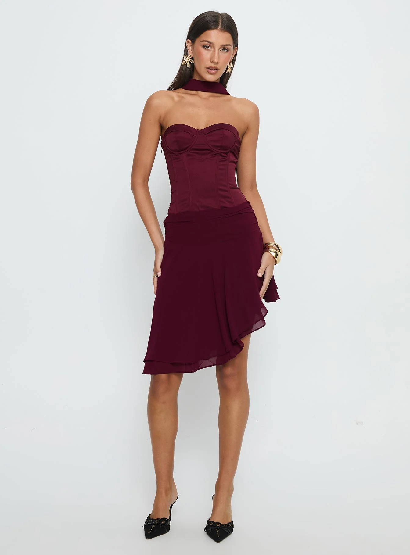 Rhythms Scarf Detail Midi Dress Wine
