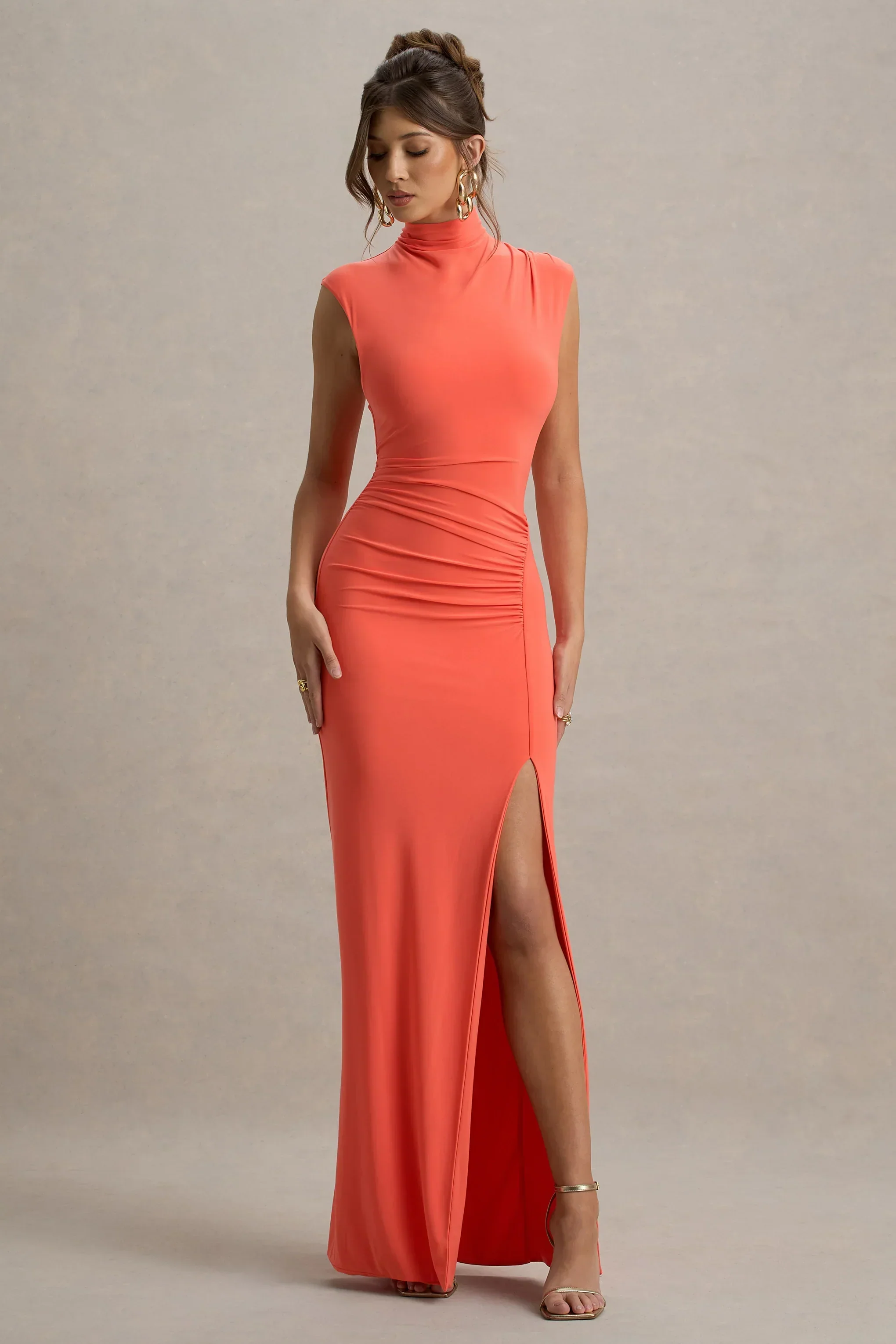 Lanetta | Coral Ruched High-Neck Maxi Dress With Split