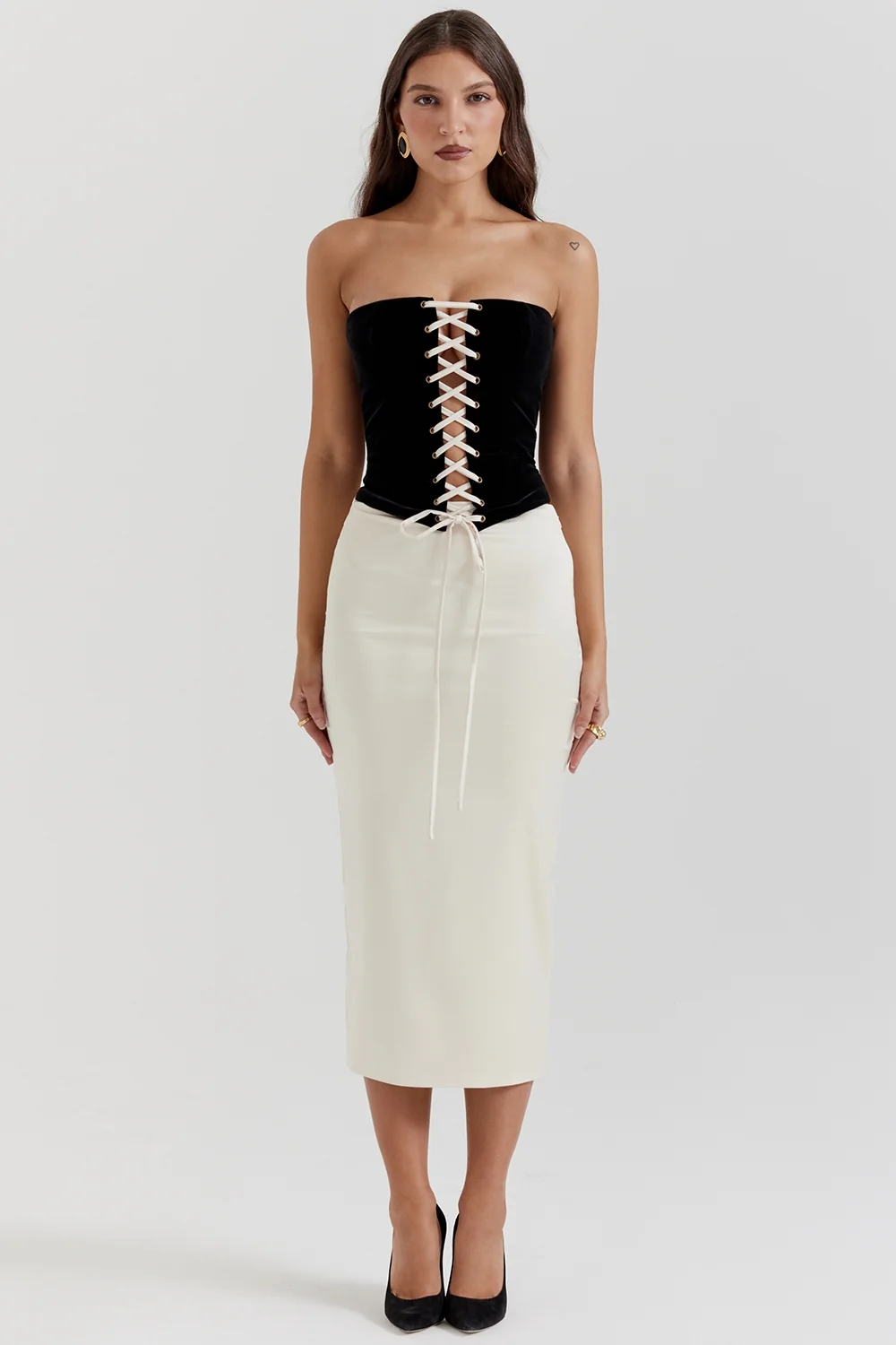 Black & Vintage Cream Strapless Corset Dress
