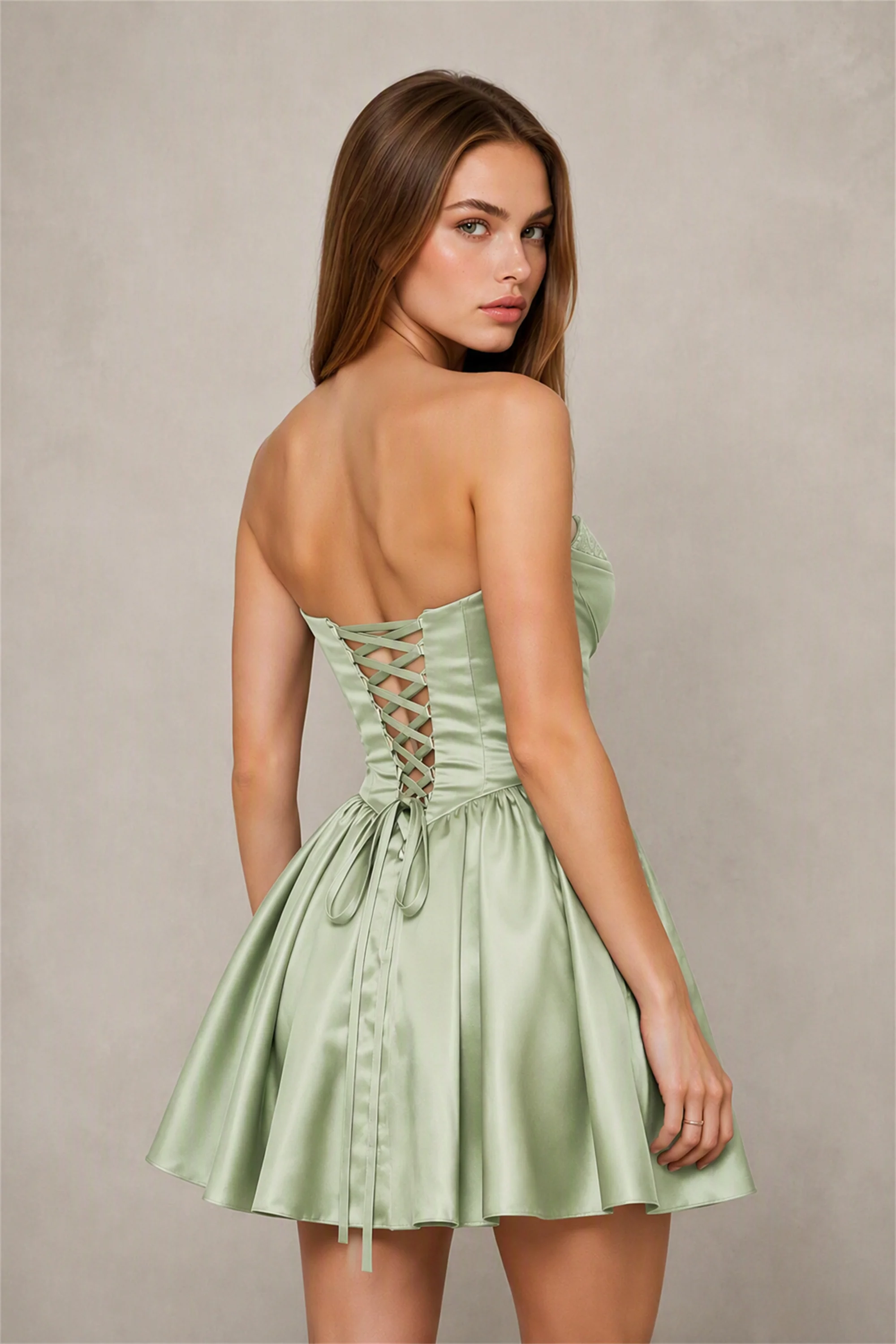 BOLODOO Sage Green Satin Sequin Sweetheart Strapless Corset Lace-Up Back A-Line Mini Dress | Prom Cocktail Homecoming Dress