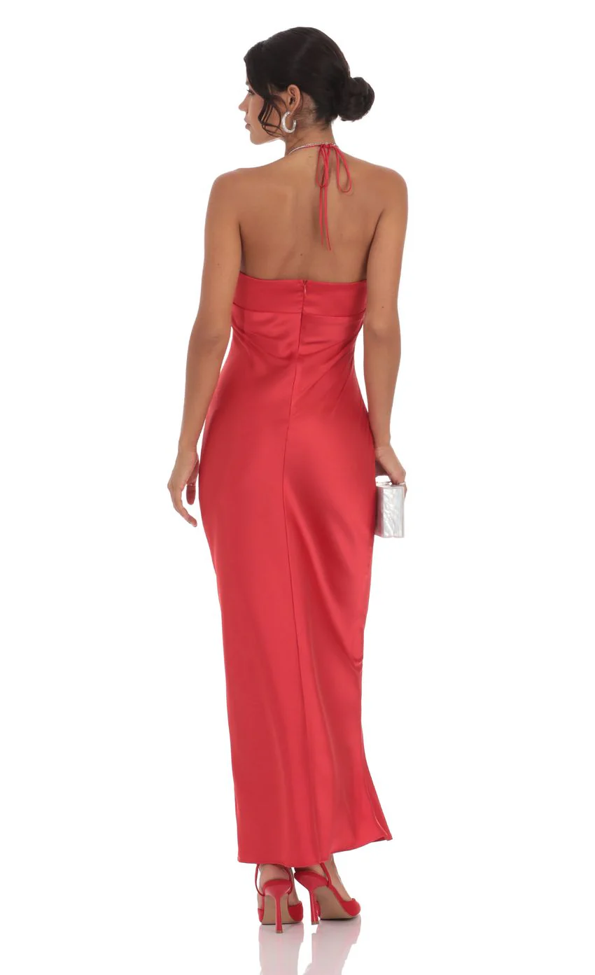 Satin Halter Flower Maxi Dress in Red - luluinthesky
