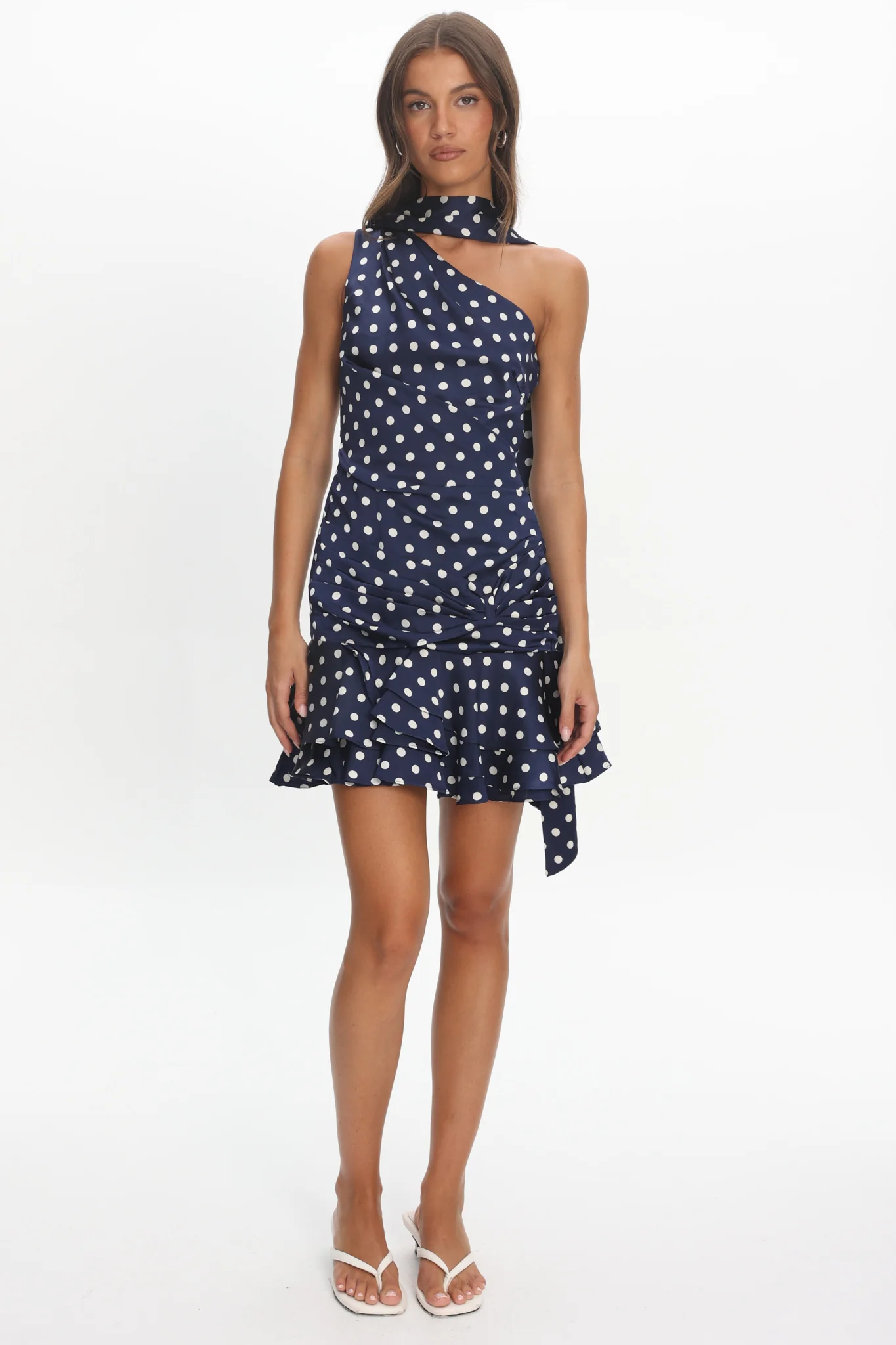 Truett One-Shoulder Sash Mini Dress Polka Dot Navy - luluinthesky