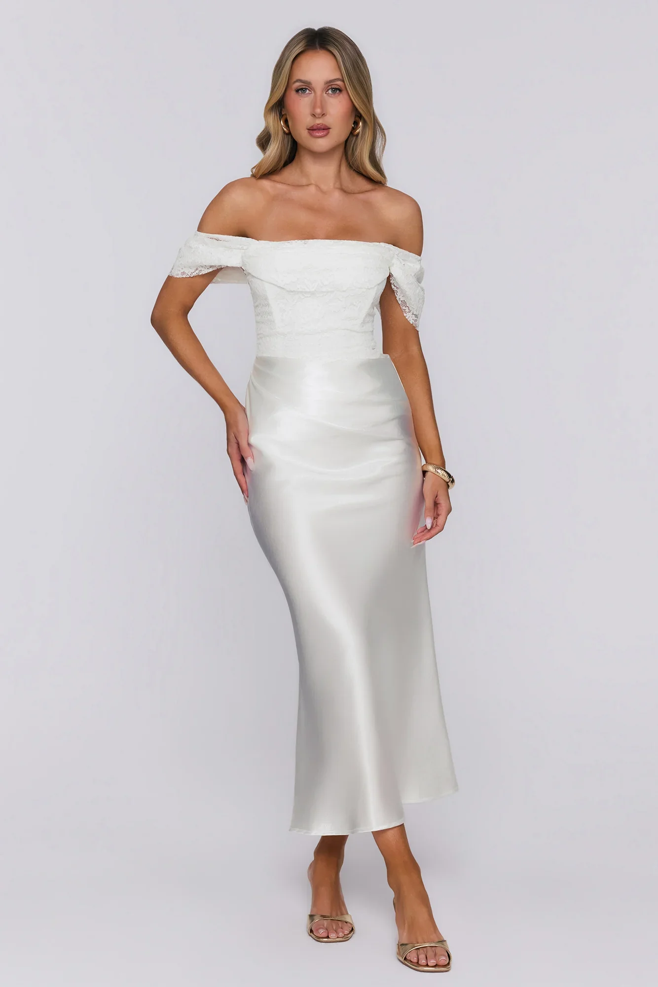 Love Looks Good Lace Satin Off Shoulder Maxi Dress White