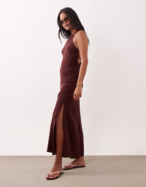 Miss Selfridge Petite linen blend halter neck maxi dress in chocolate