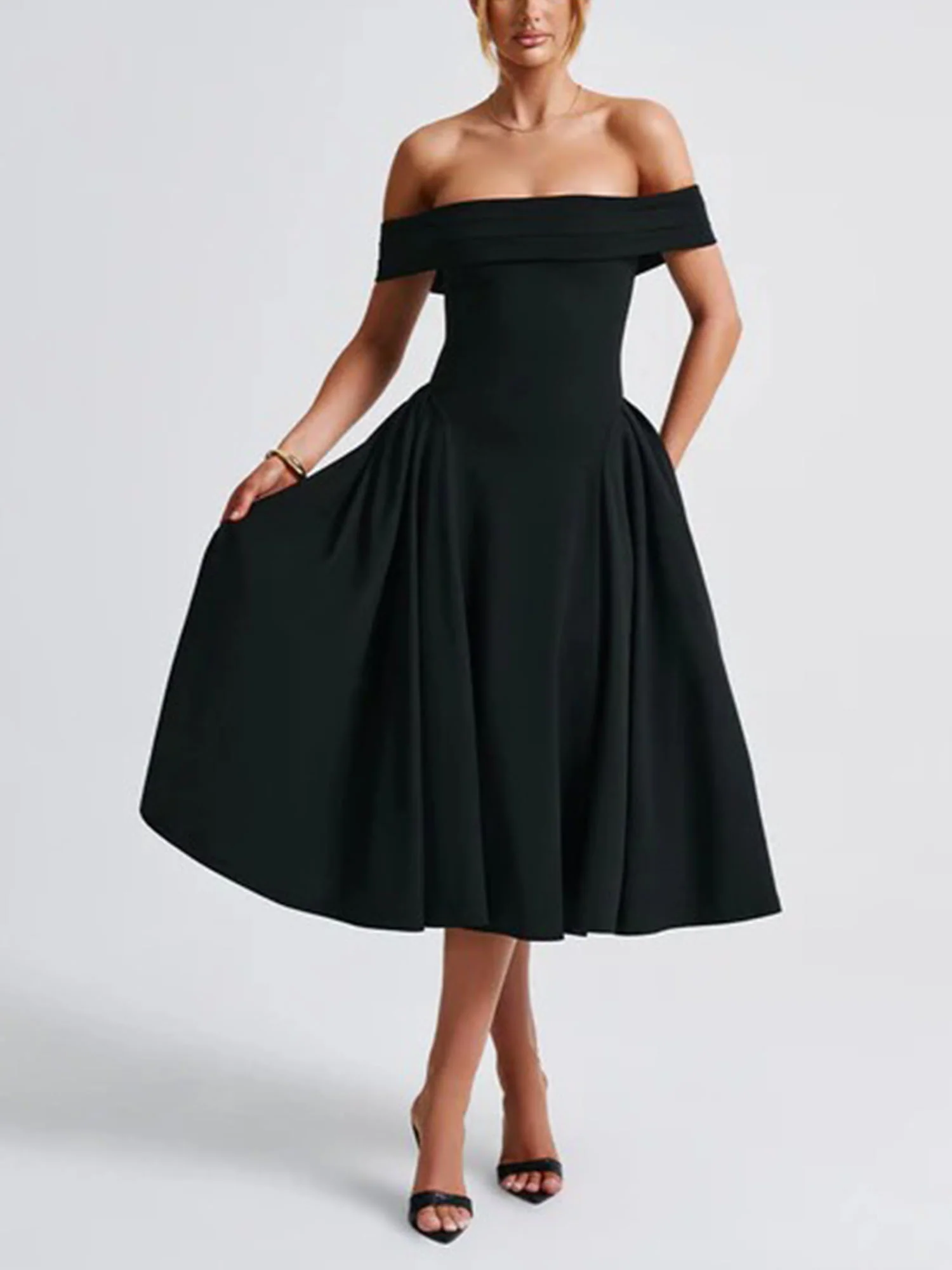 Black Off-Shoulder Vintage-Inspired Midi Dress