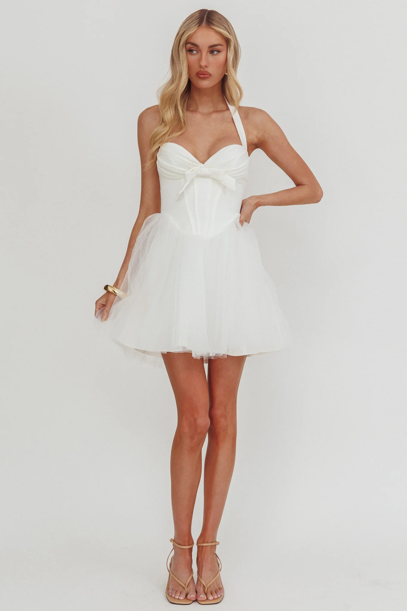 Princessa Sweetheart Neckline Halter Mini Dress White
