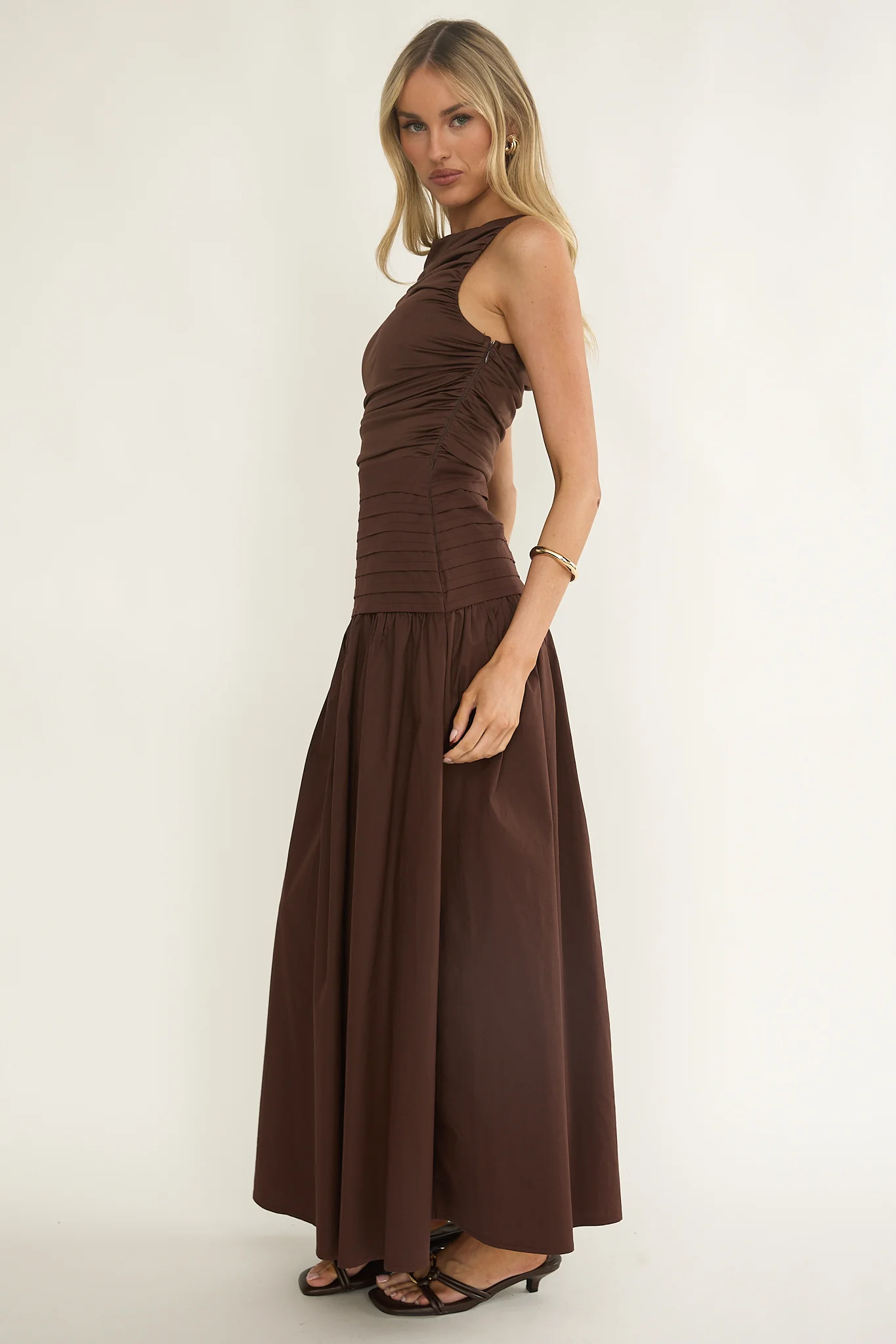Dalayla Sleeveless Pintuck Maxi Dress Chocolate