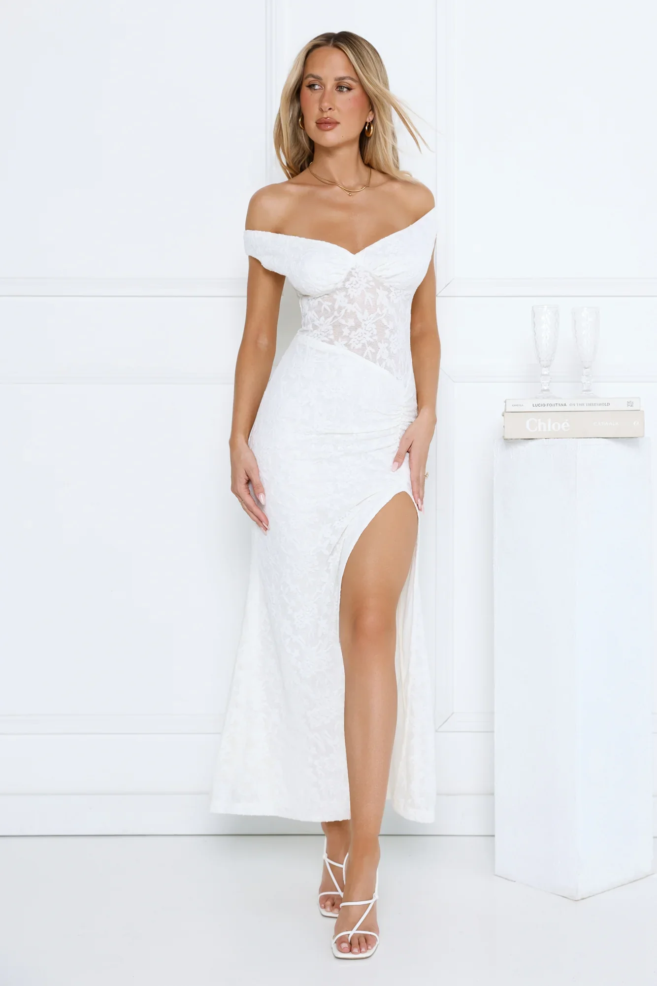 Ivory Veil Off Shoulder Lace Maxi Dress White