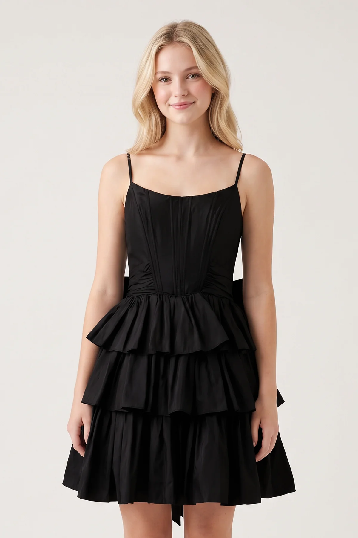 Black Spaghetti Straps Satin A-Line Ruffled Short Corset Homecoming Dress with Bow