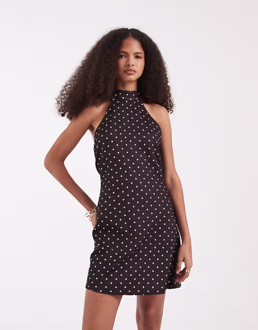 Vero Moda halter neck polka dot mini dress in brown and yellow polka dot print