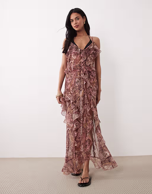 Miss Selfridge ruffle cami maxi beach cover up in paisley print