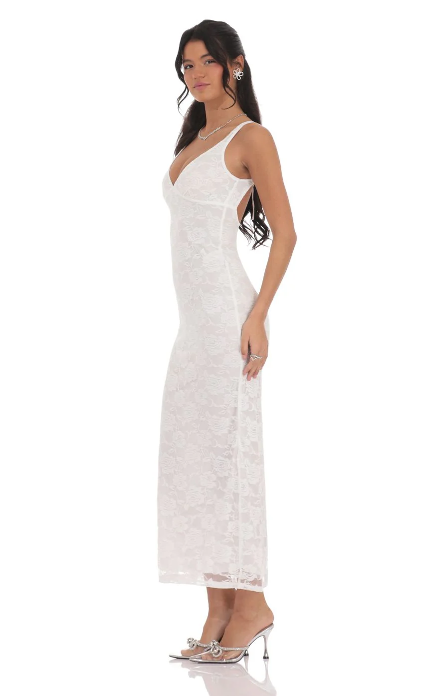 Lace Open Back Bodycon Maxi Dress in White - luluinthesky