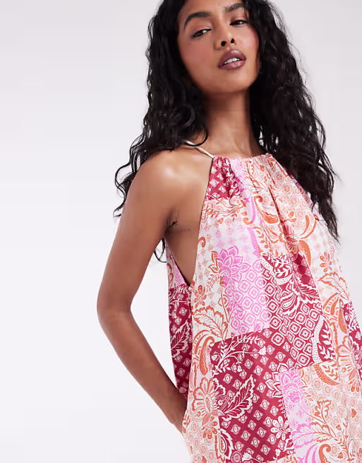 Vero Moda high neck trapeze midi dress in pink paisley patchwork print