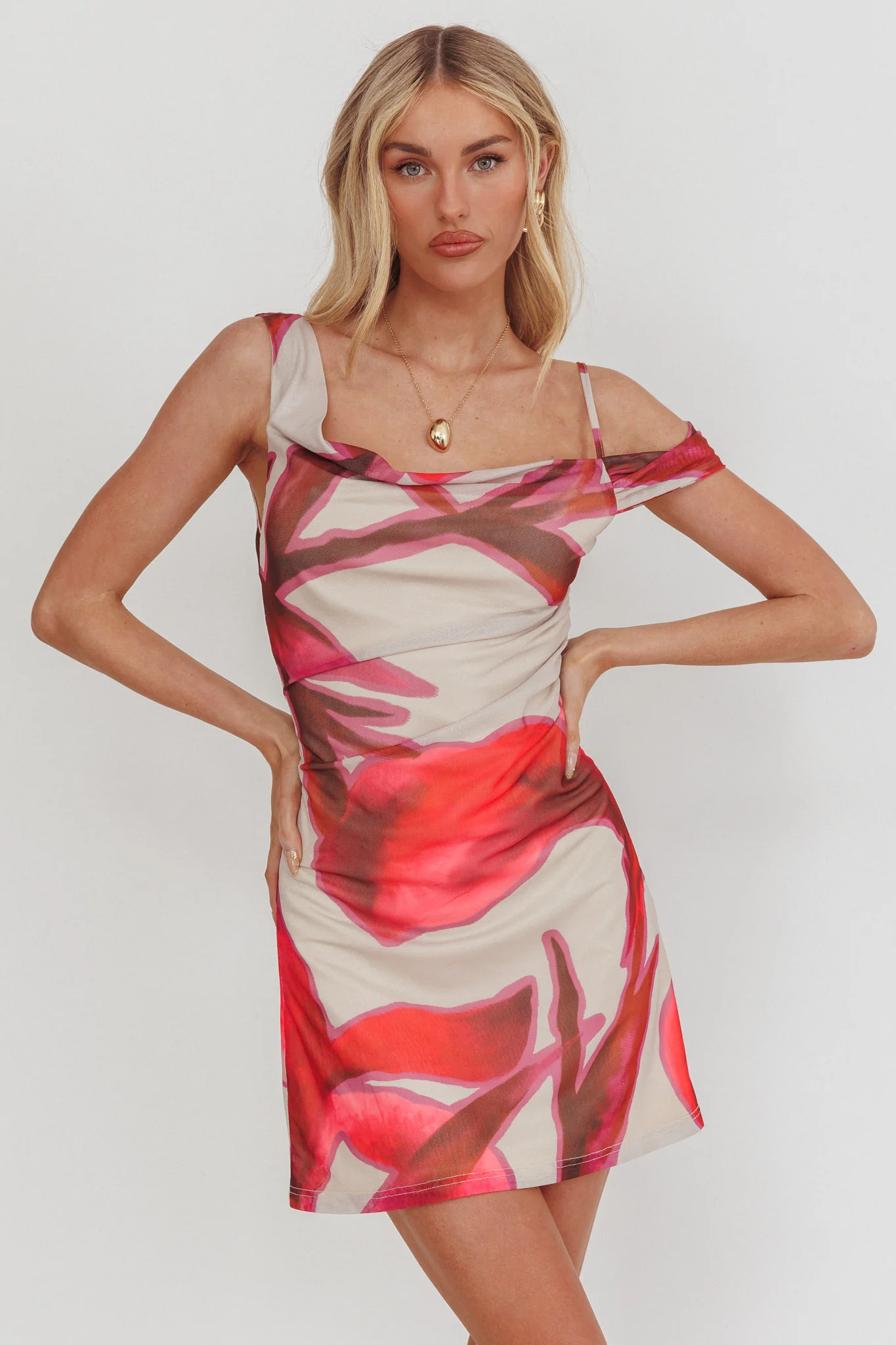 Riders Asymmetric Neckline Mini Dress Print Beige