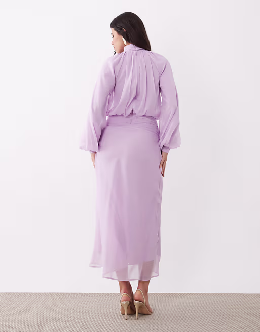 high neck drape chiffon maxi dress with neck tie in lilac
