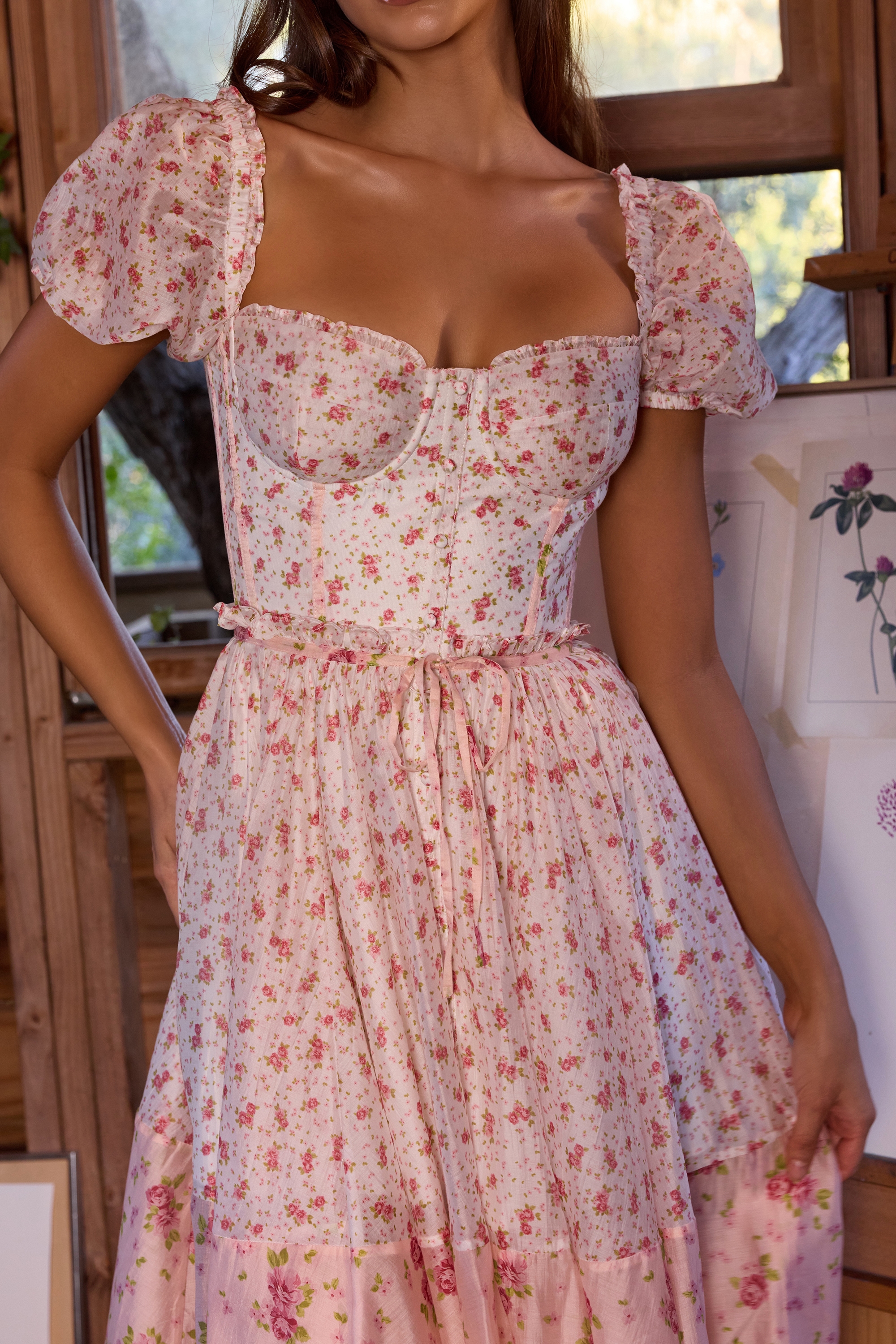 white rose print georgette ribbon midi dress