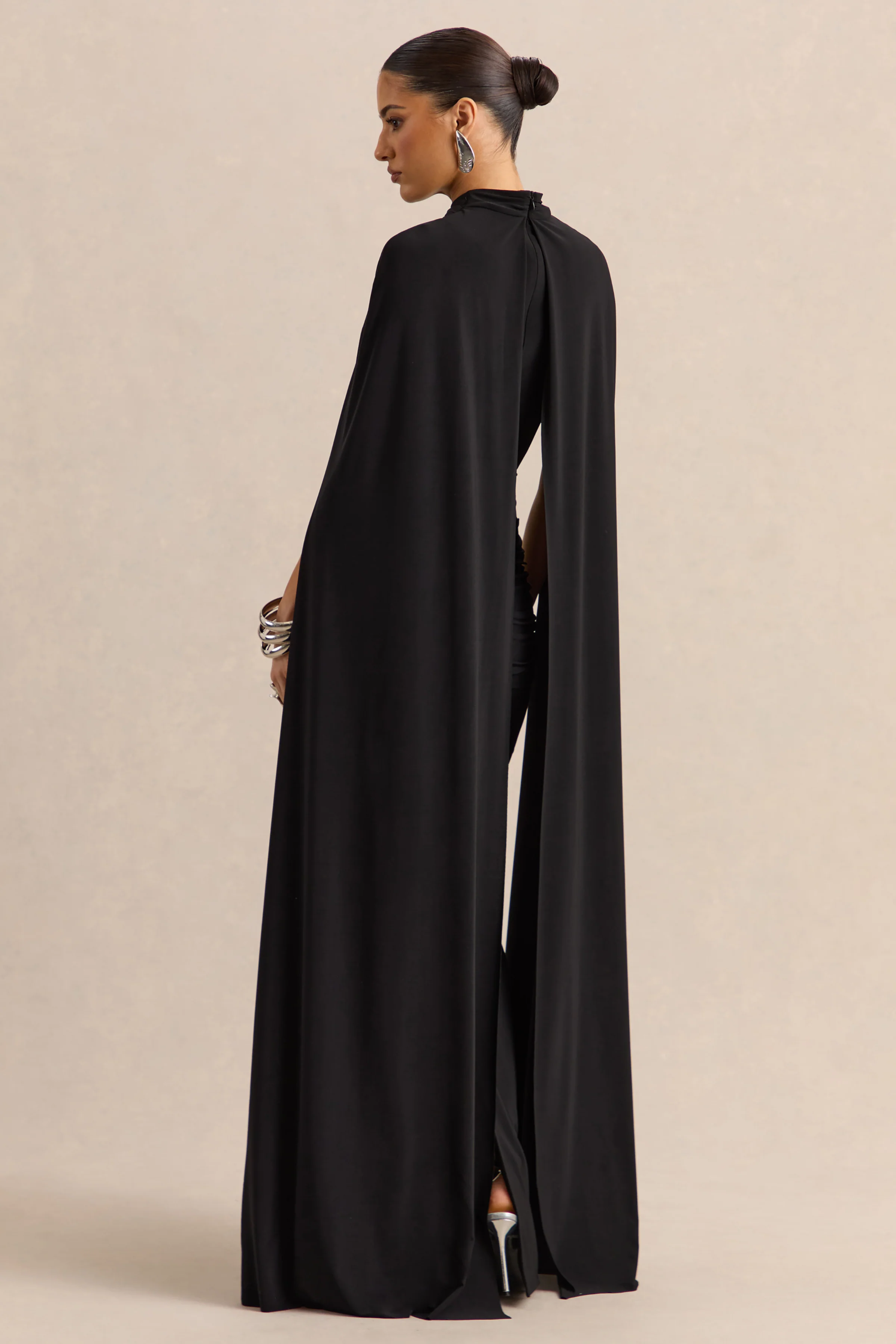 Dianelle | Black High-Neck Maxi Dress With Cape-Sleeves