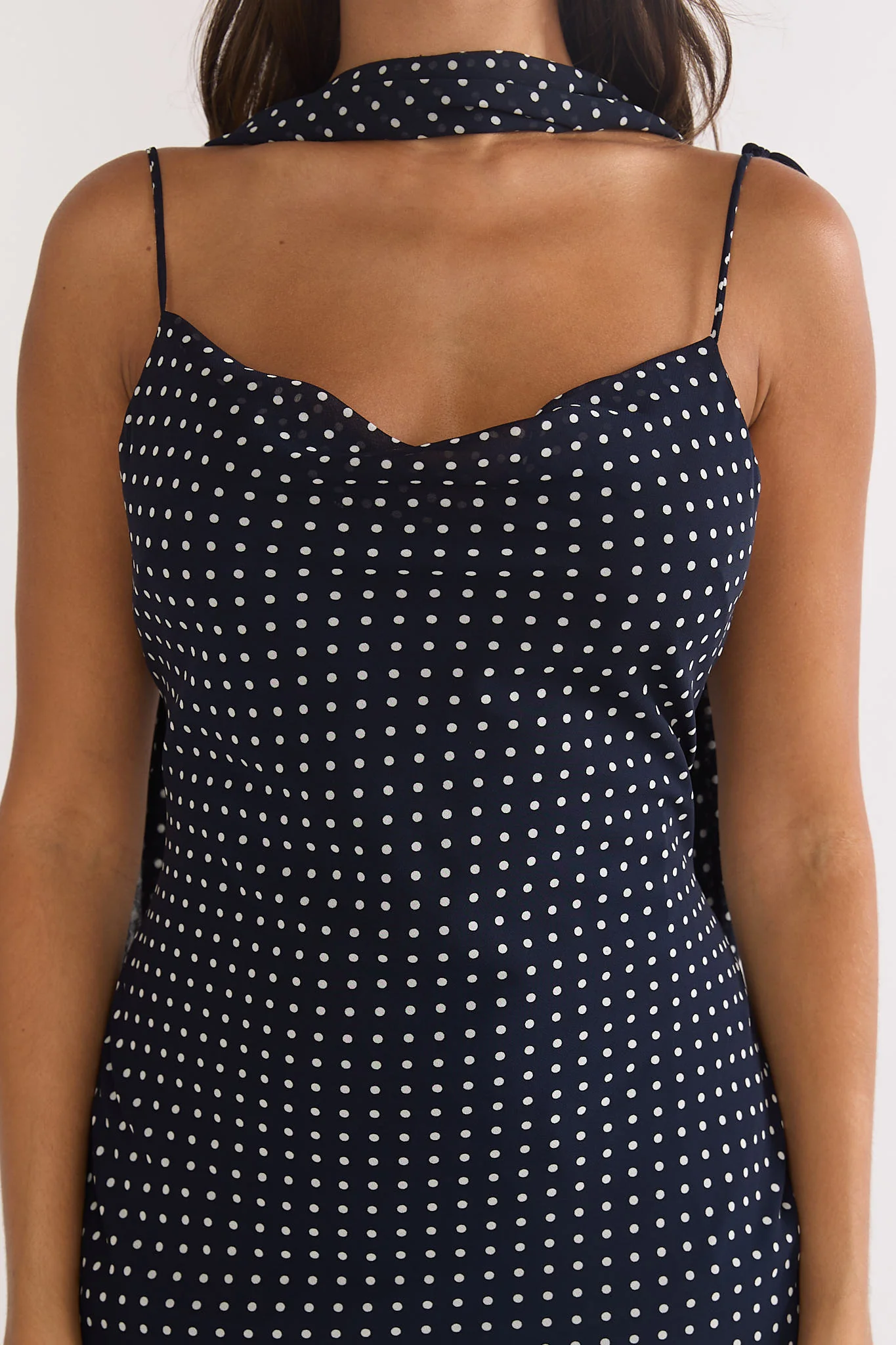 Emmara Tied Shoulder Maxi Dress Polka Dot Navy - luluinthesky