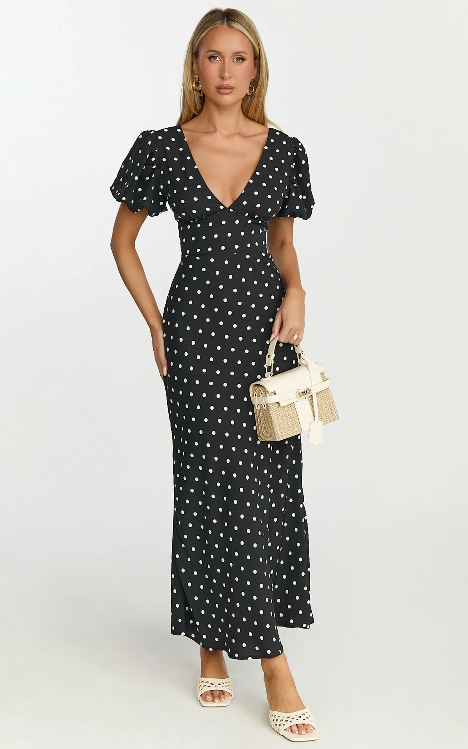 Elise Midi Dress - V Neck Puff Sleeve Dress in Black Polka
