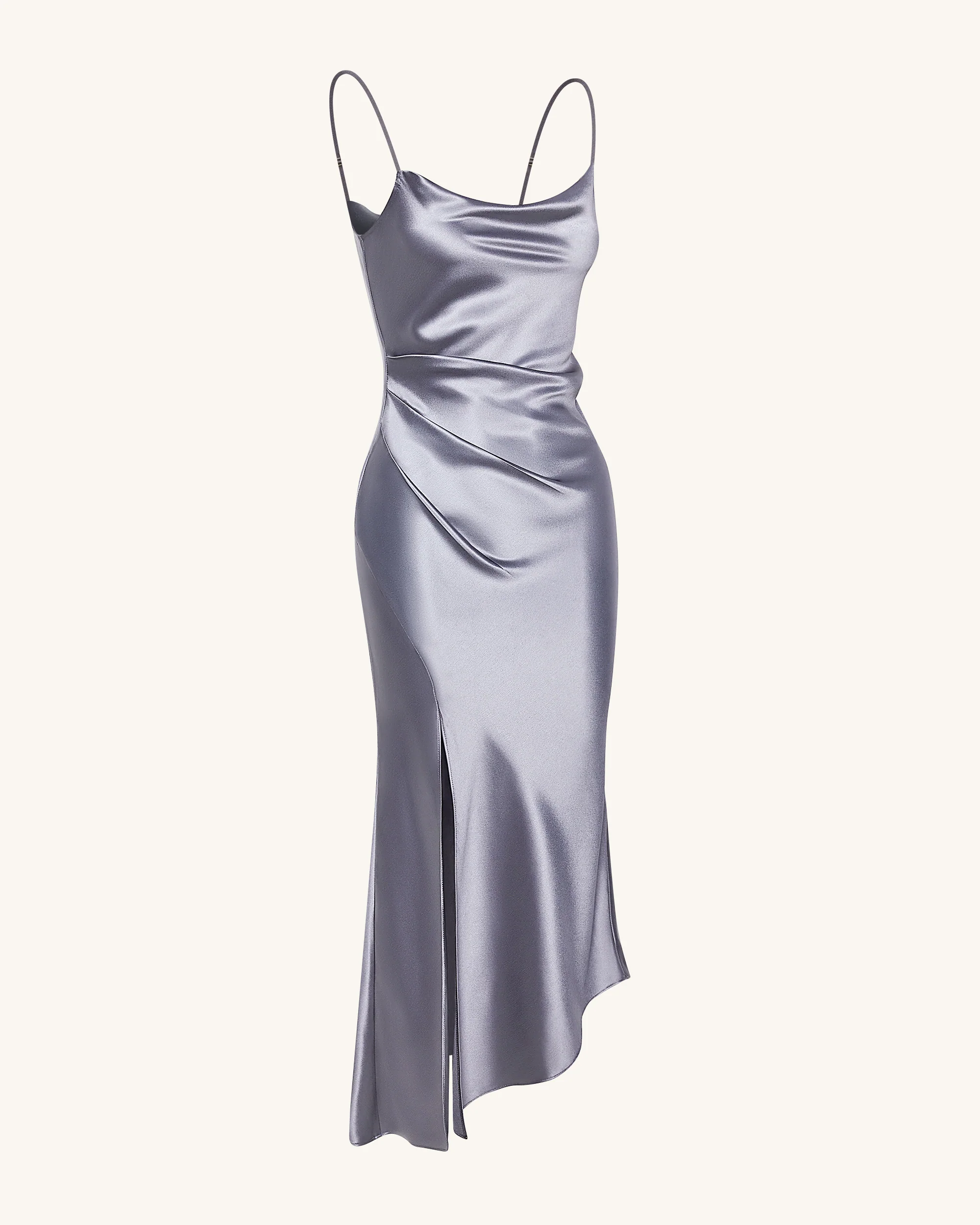 Liquid Satin Cowl-Slit Gown - Silver - FASHION NOB