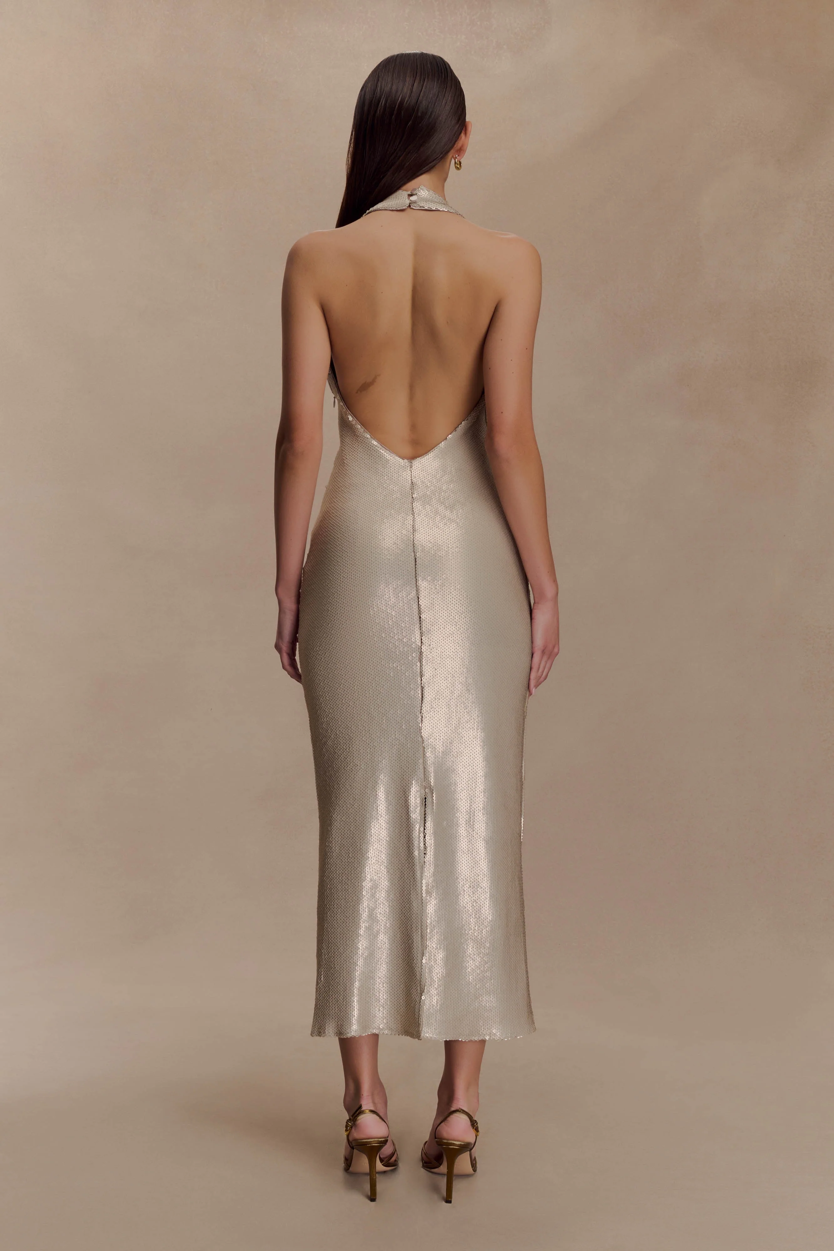 Carnation Sequin Halter Midi Dress - Gold