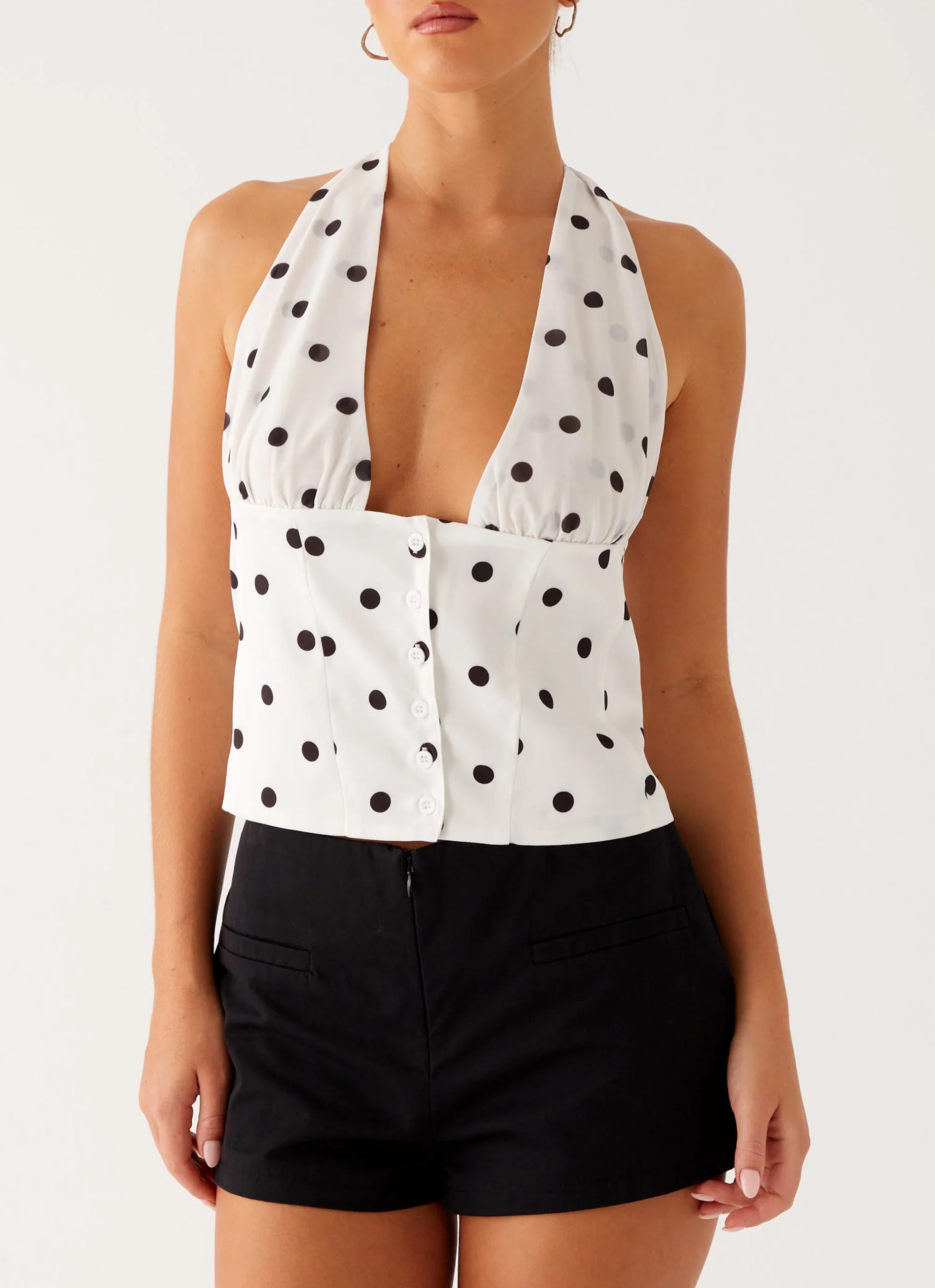 Lets Pretend Halterneck Top - White Polka Dot