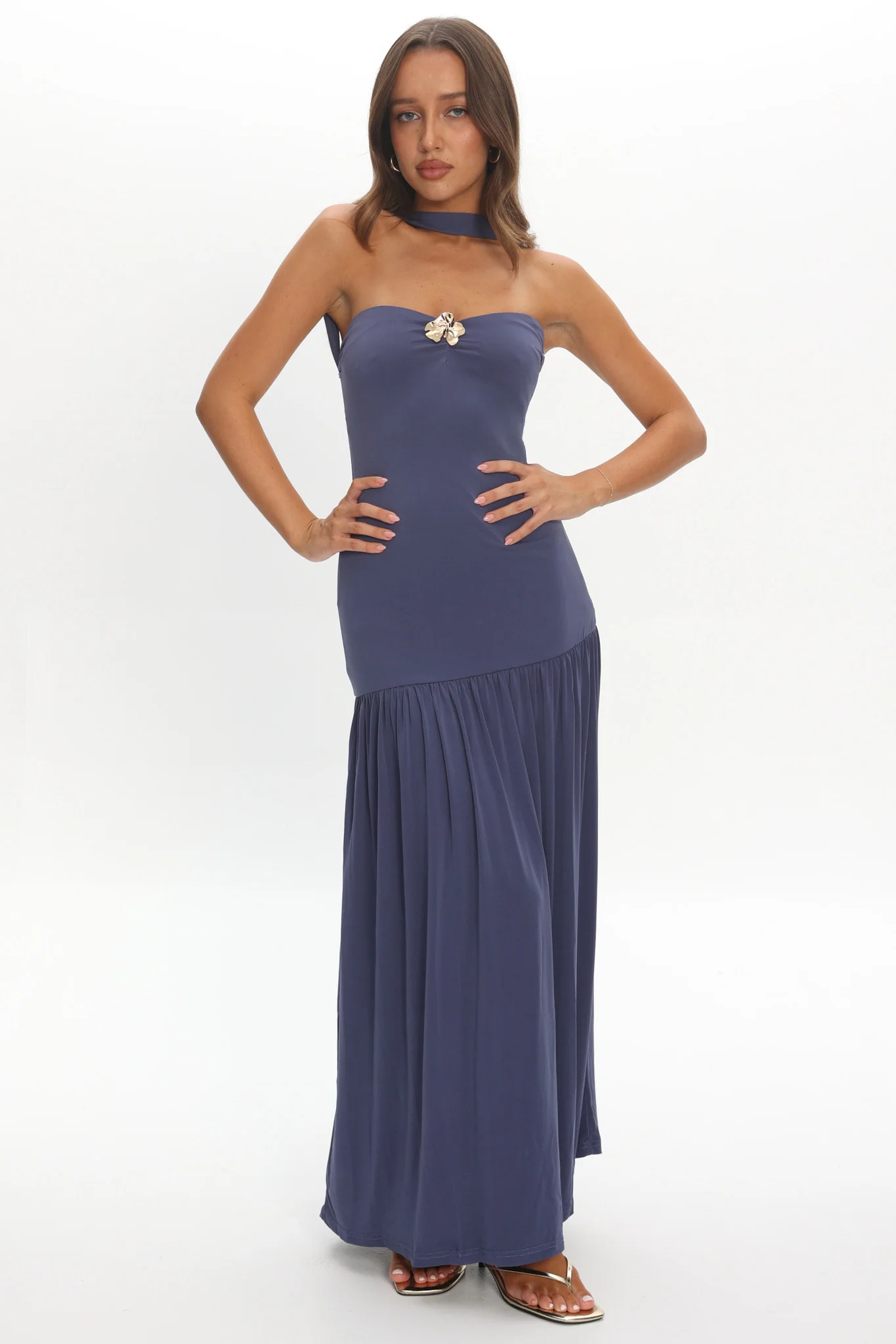 Ashana Drop Waist Halter Maxi Dress Taupe