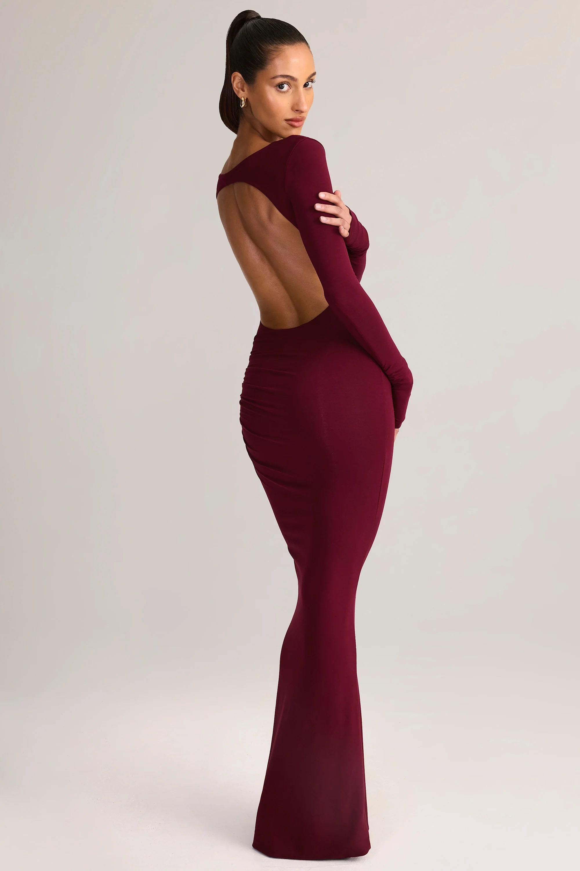Modal Ruched Backless Maxi Dress in Wine