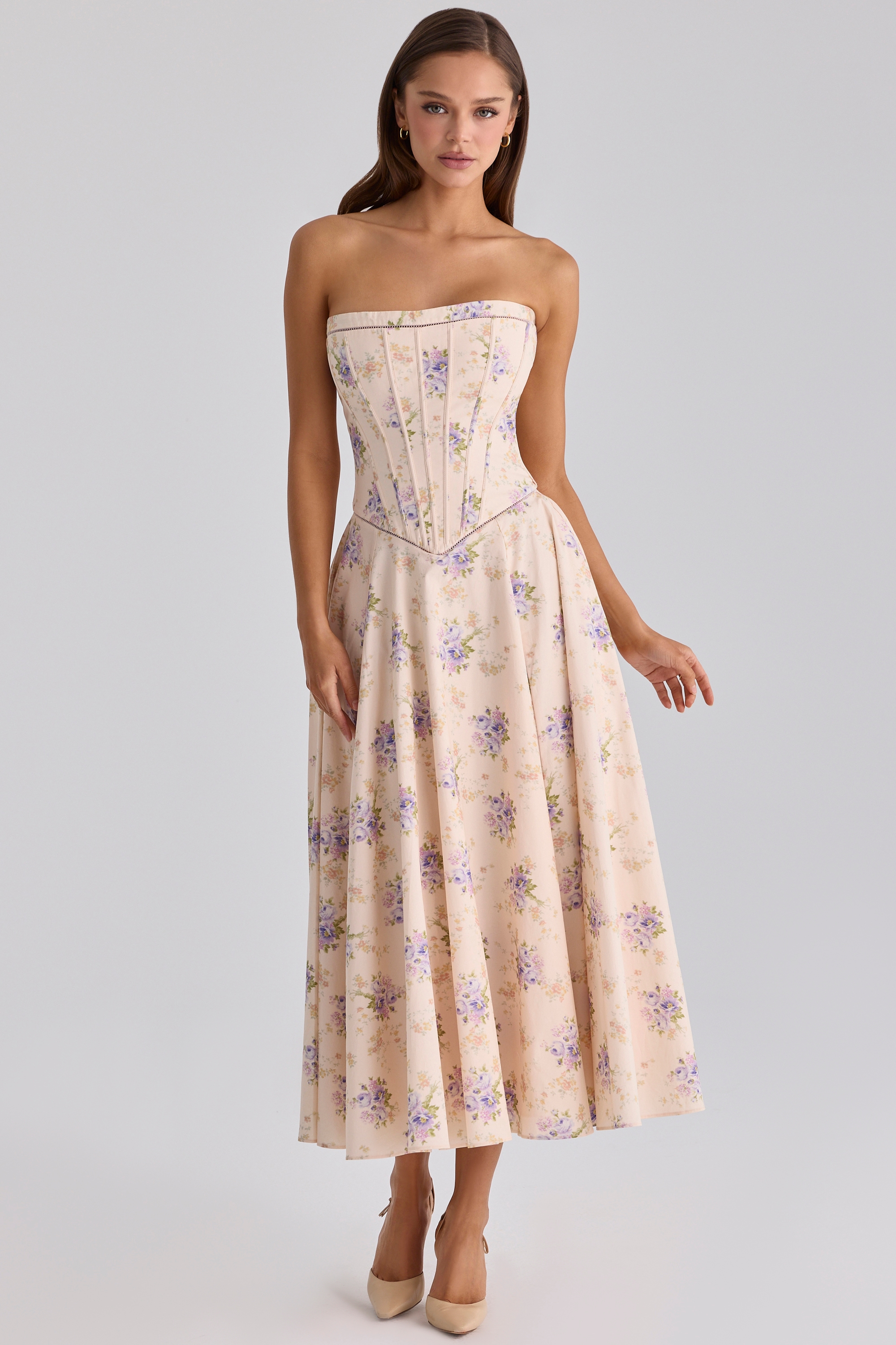 ivory sweet peony floral print strapless maxi dress