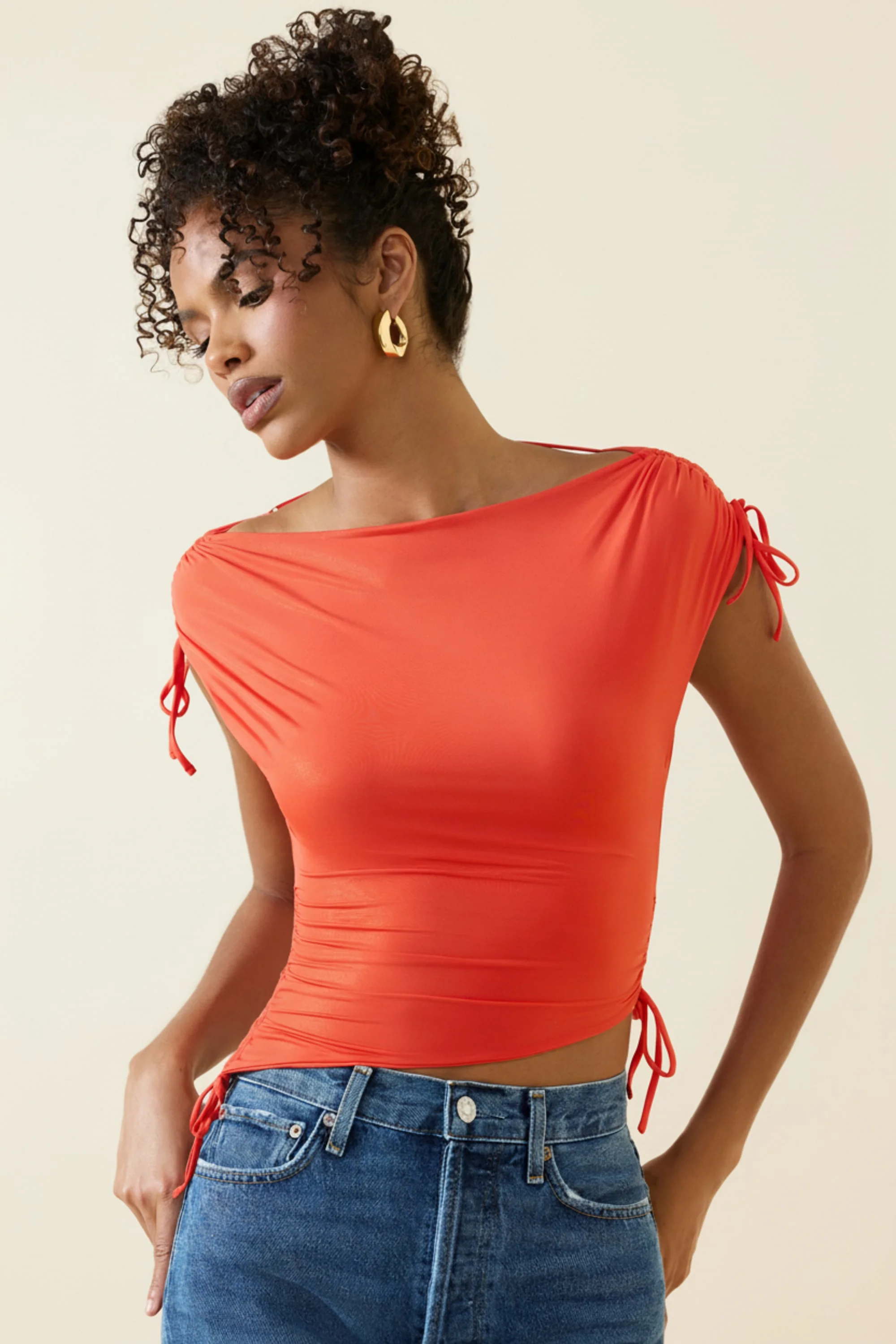 Asymmetric Ruched Cowl-Back Crop Top in Scarlet