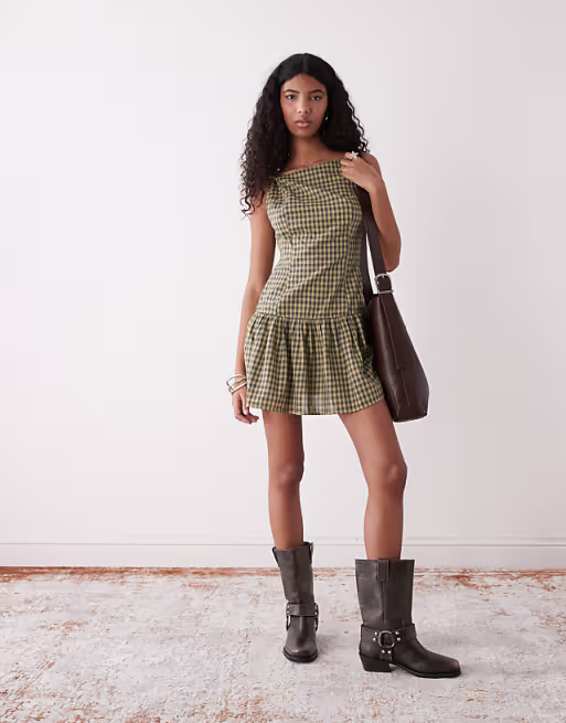 COLLUSION high neck smock mini dress in green check